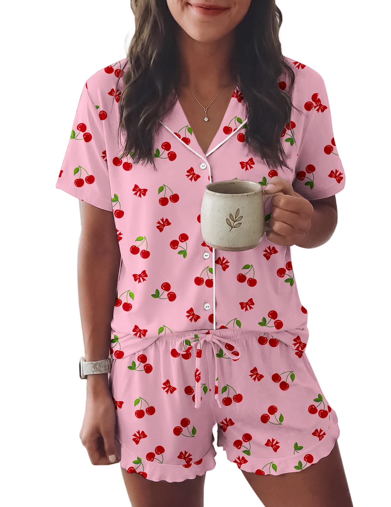 Ekouaer Womens Pajama Sets Button Down Cute Ruffled Pjs Set Sleepwear
