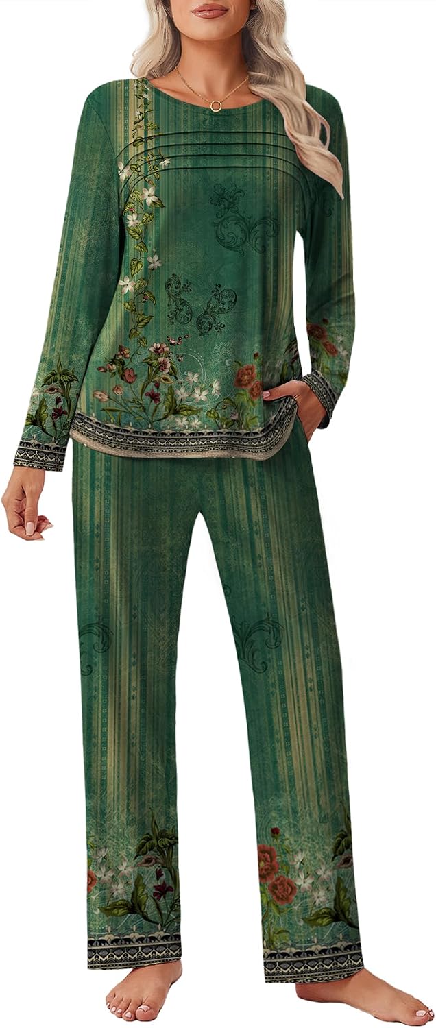 Ekouaer Womens Pajama Sets Pleated Tops with Long Sleeve Fall Lounge Set