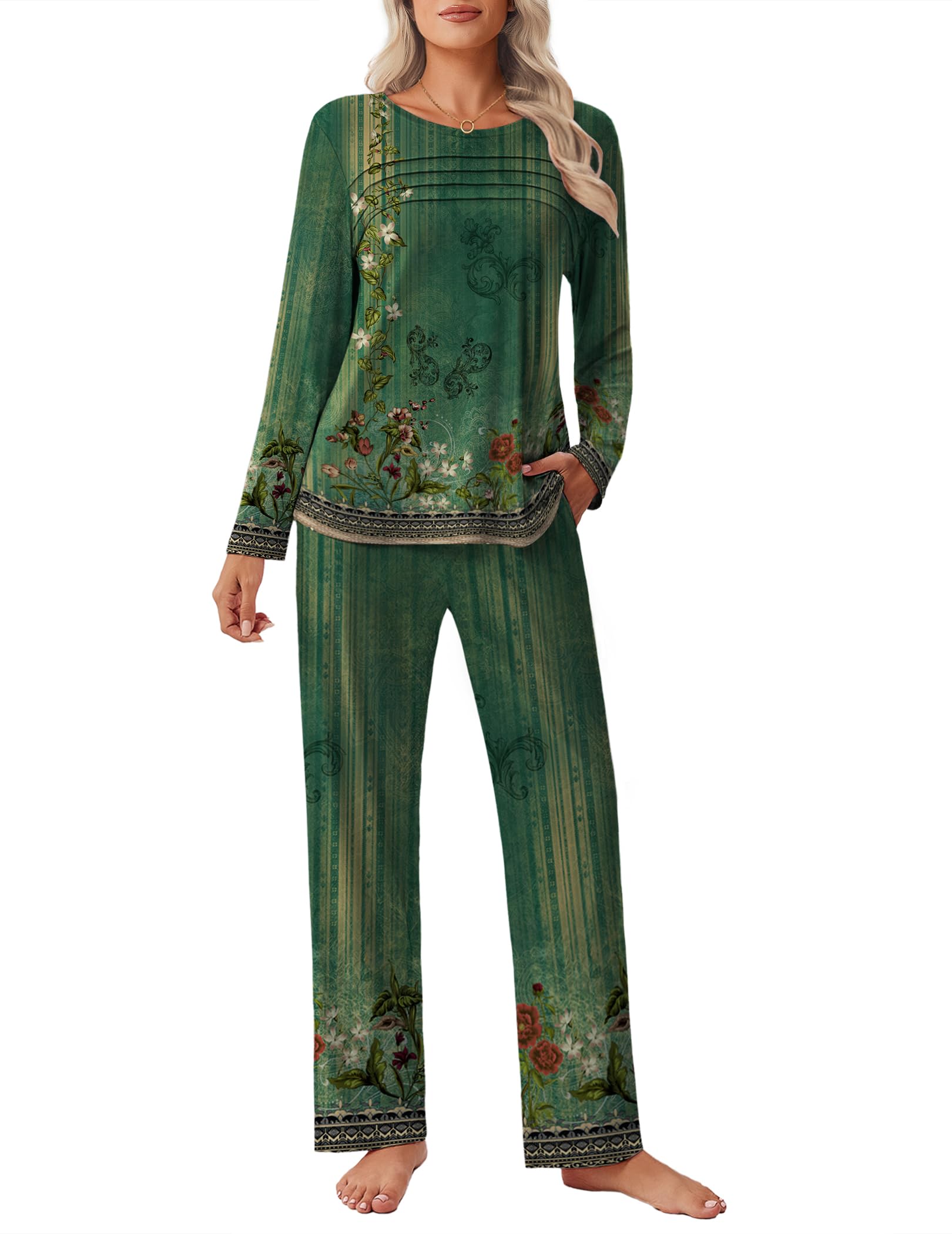Ekouaer Womens Pajama Sets Pleated Tops with Long Sleeve Fall Lounge Set