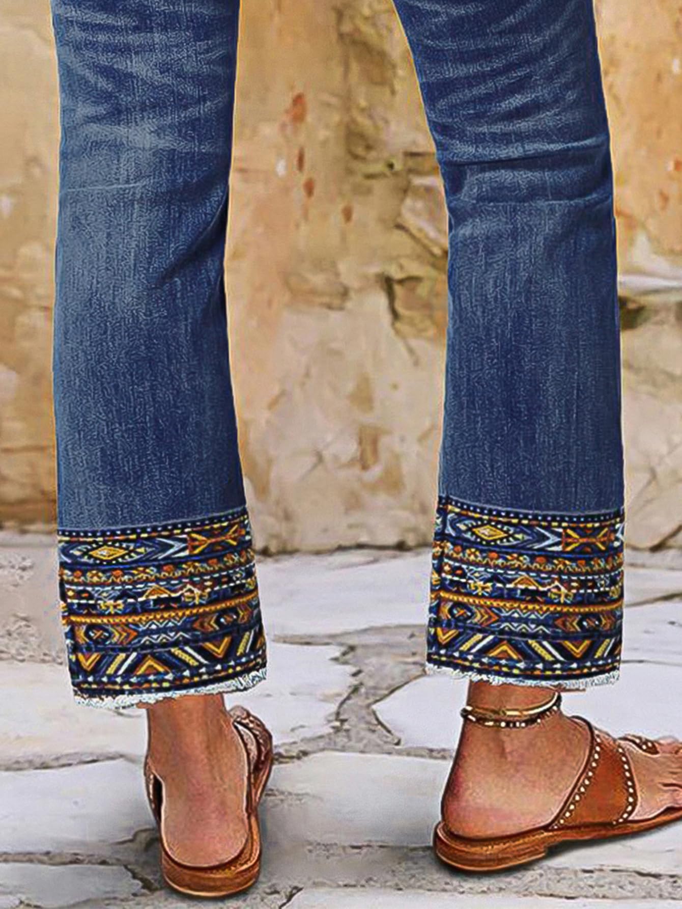 Flamingals Straight Leg Cropped Jeans for Women Trendy Mid Rise Stretchy Tribal Embroidery Raw Hem Ankle Jeans