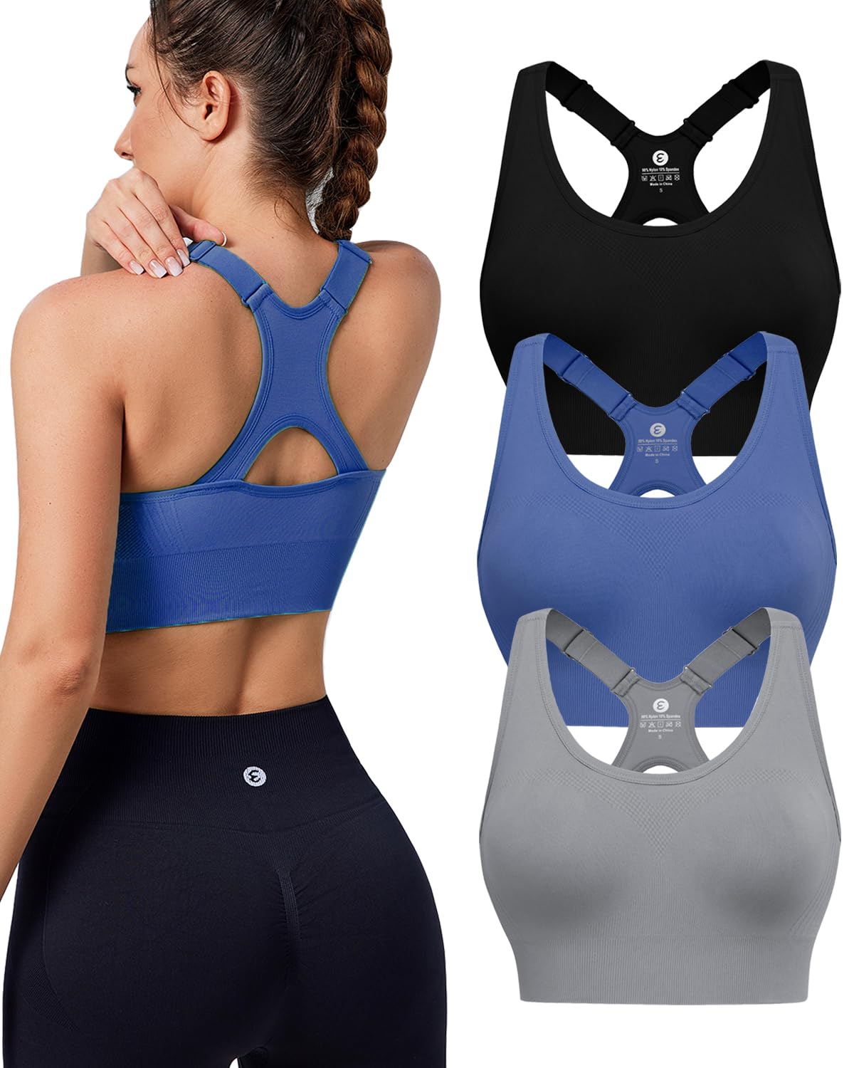 Evercute High Impact Sports Bras for Women 3/4/5 Pack, Adjustable Straps Padded Supportive Seamless Racerback Running Bras