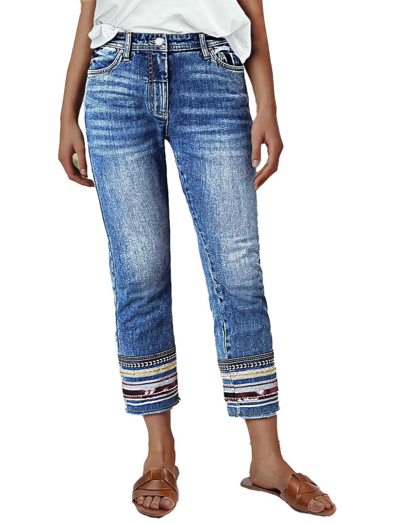 Flamingals Straight Leg Cropped Jeans for Women Trendy Mid Rise Stretchy Tribal Embroidery Raw Hem Ankle Jeans