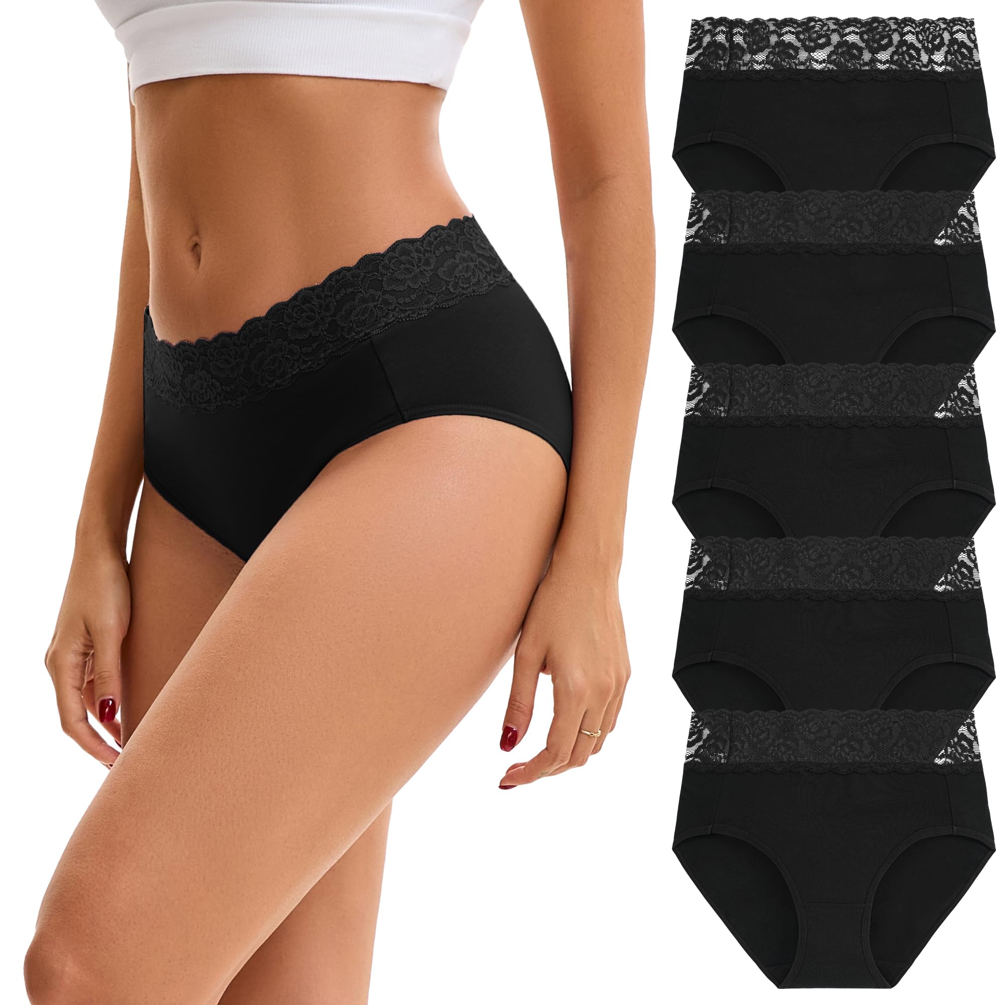 INNERSY Women's Cotton Underwear Lace High Waisted Panties 5-Pack