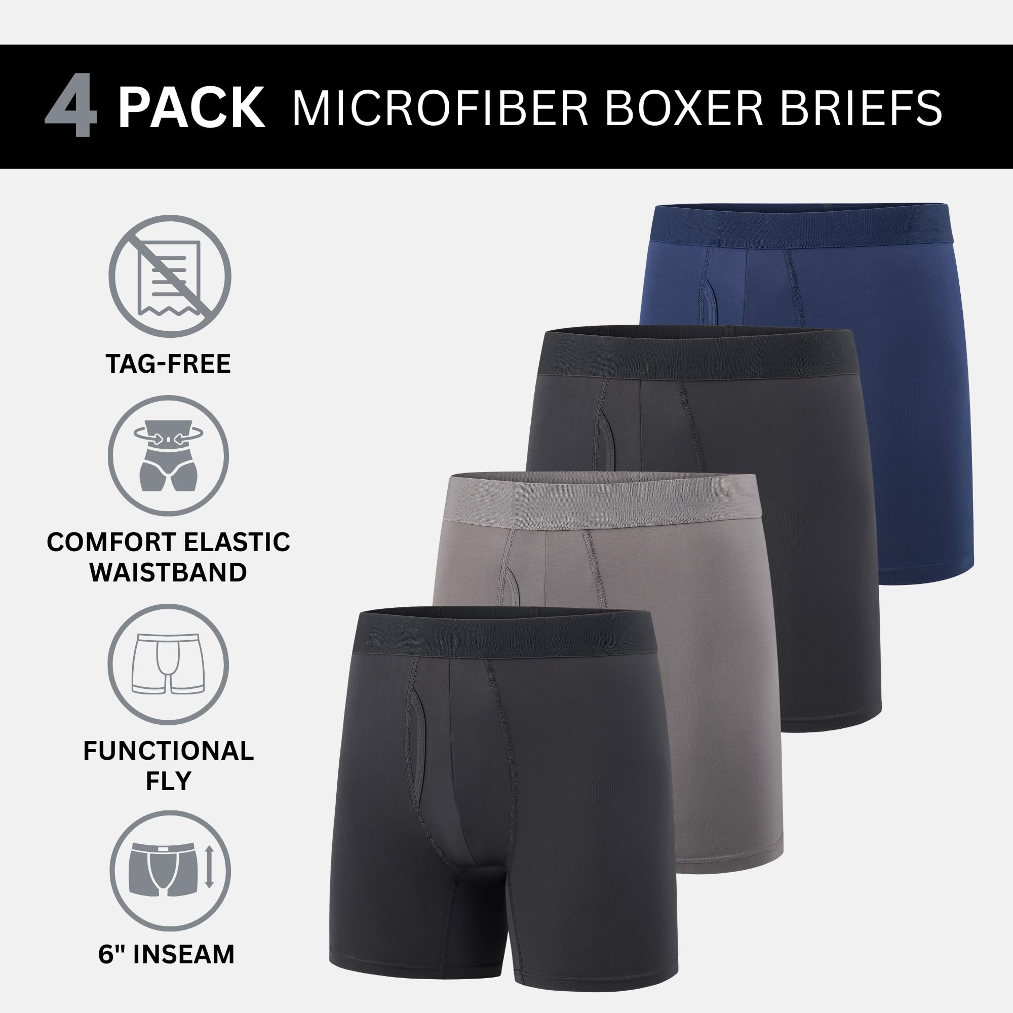 Mens Boxer Briefs, Pack of 4, Microfiber Moisture Wicking Tagless Underwear