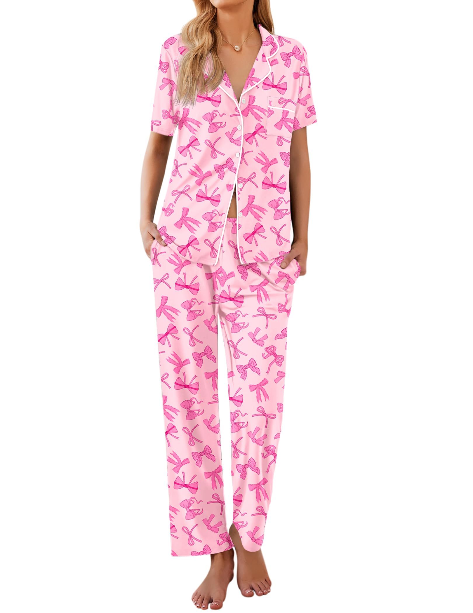 Ekouaer Womens Pajamas Set Short Sleeve Button Down Top & Pants Lounge Pjs