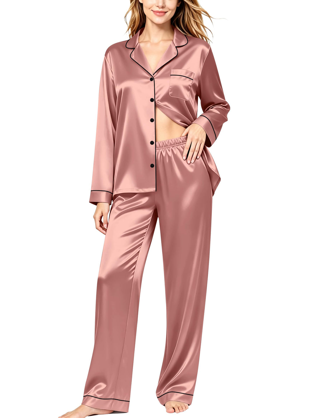 SWOMOG Womens Silk Satin Pajamas Set Long Sleeve Button Down Sleepwear 2 Piece Lounge Set Pj Set XS-3XL