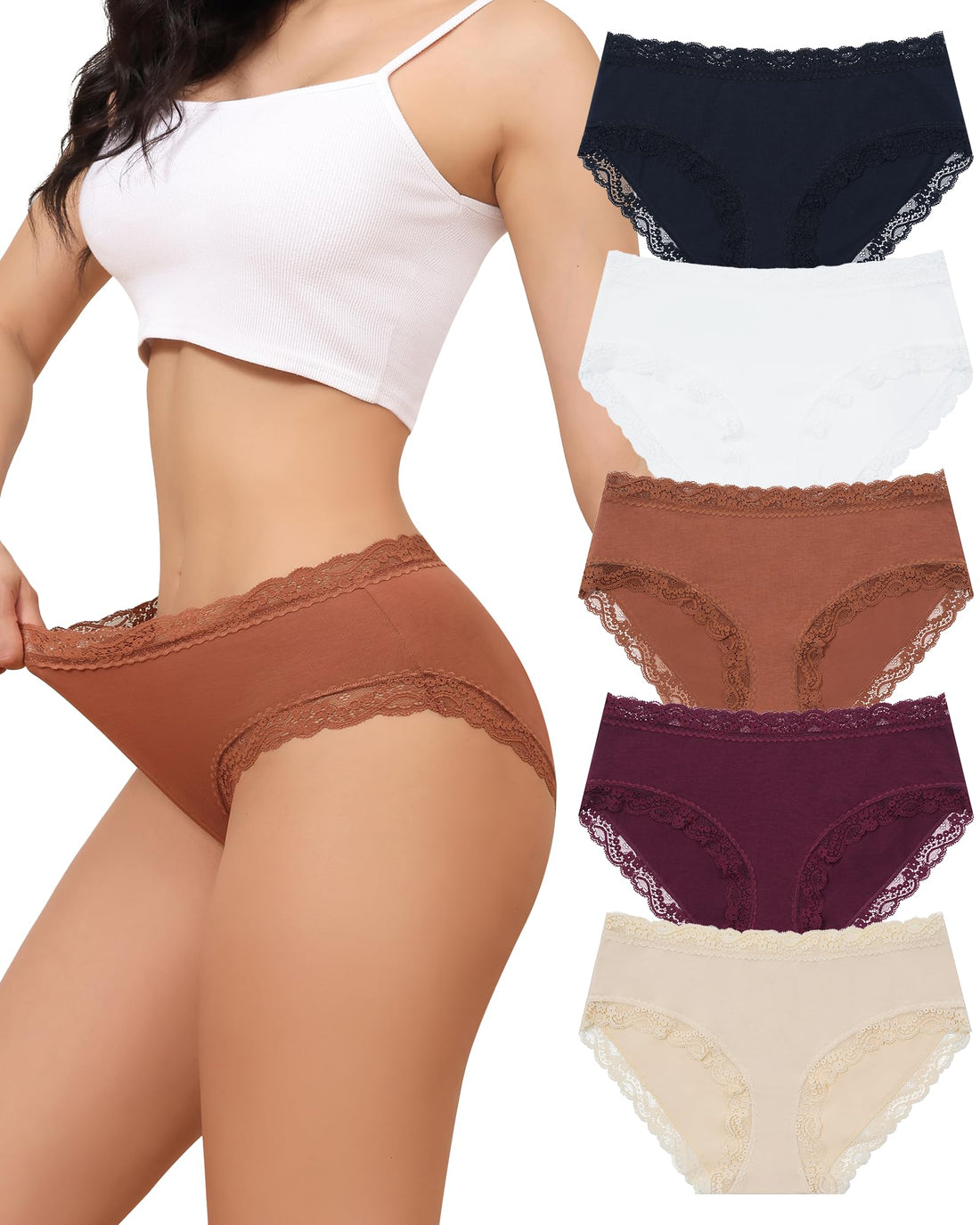 LEVAO Women's Cotton Brief Panties Soft Breathable Lace Trim 5 Pack