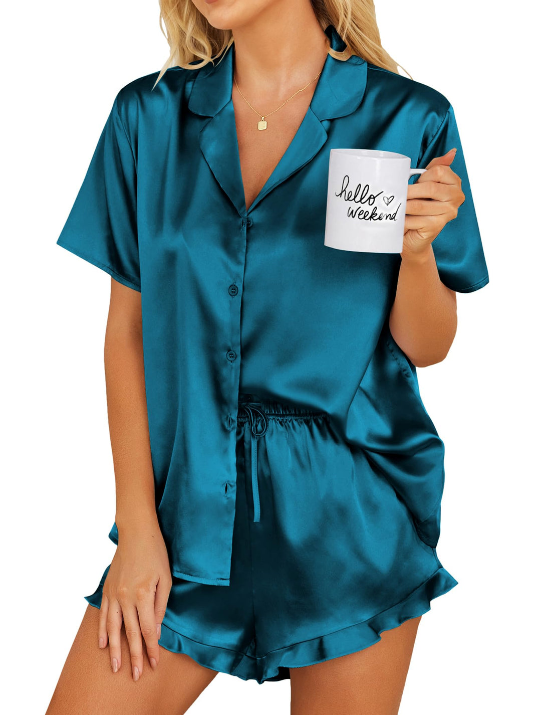 Ekouaer Womens Satin Pajamas Set Button Down Silk Pj Shorts Set with Ruffle