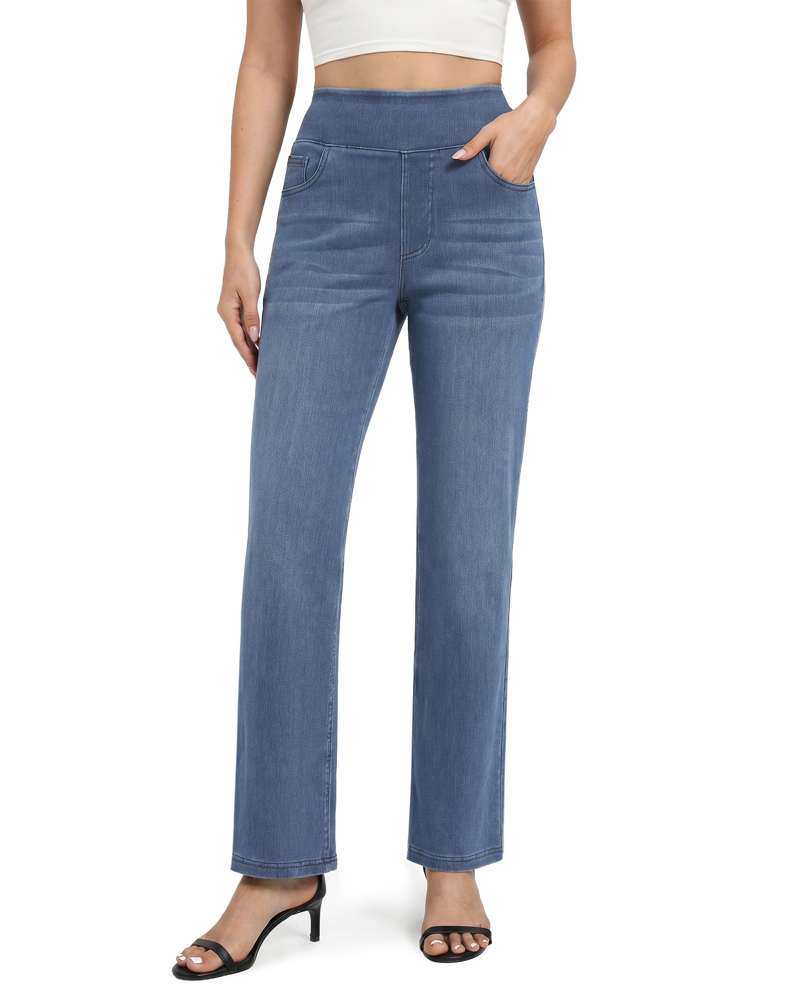 Pull on Straight Leg Jeans for Women Stretchy Sweatpant Jeans Elastic High Waist Tummy Control Trendy Denim Pants