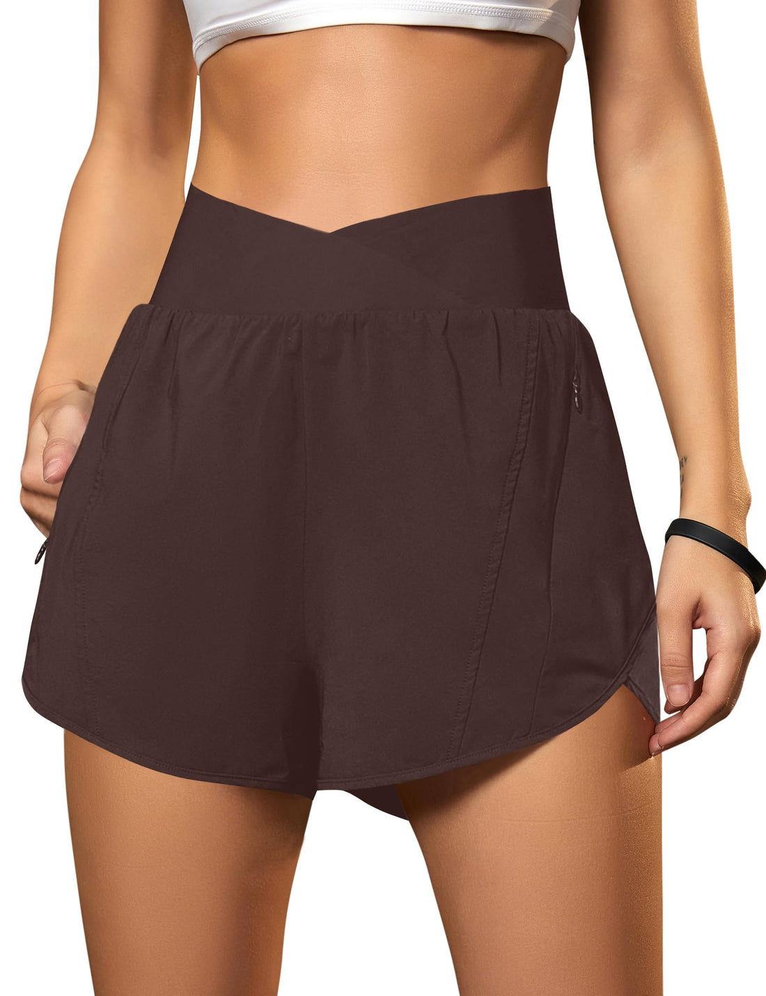 Blooming Jelly Women's Workout Shorts Athletic Running Shorts Crossover High Waisted Gym Shorts with Zipper Pockets