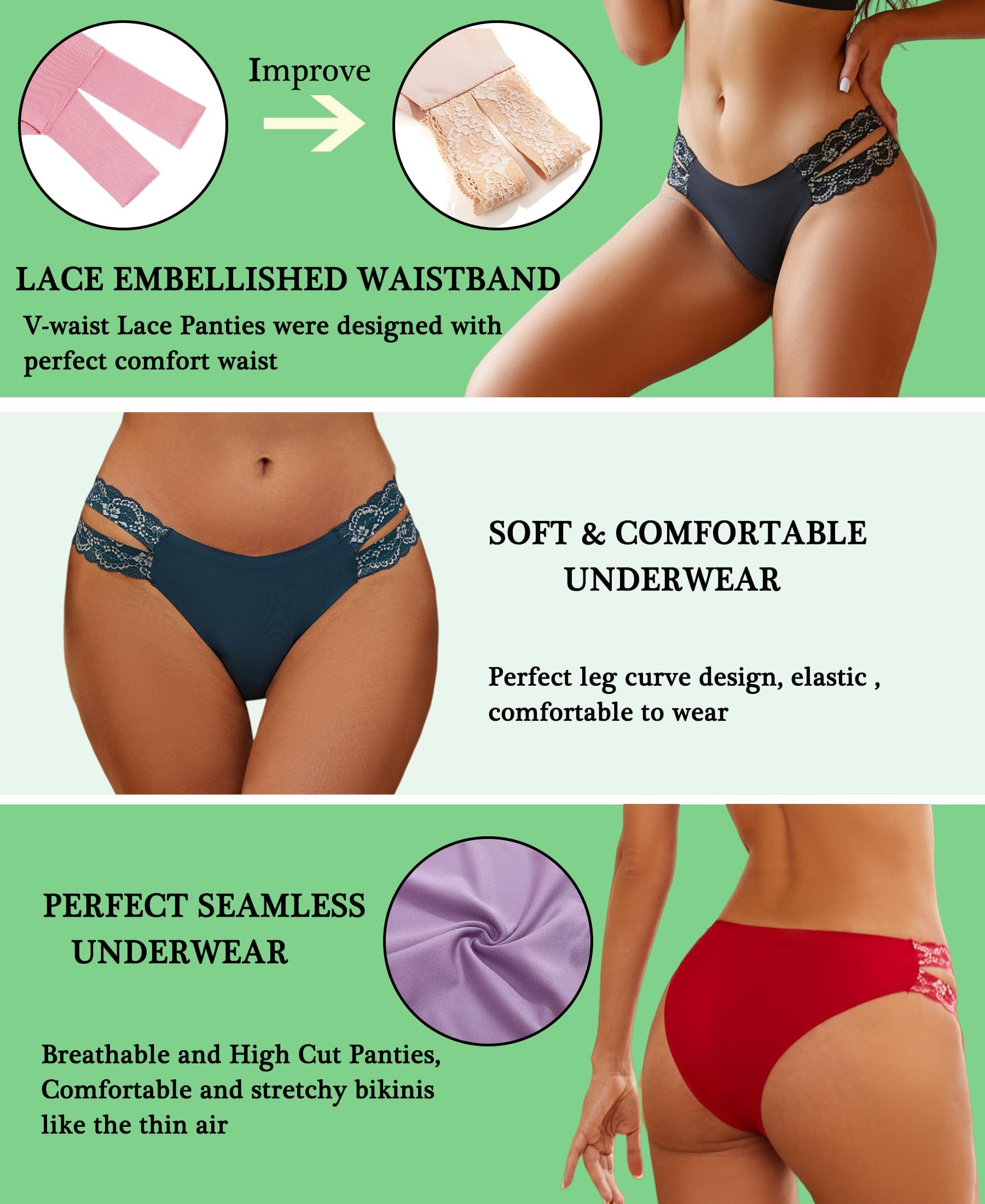 FINETOO Seamless Underwear for Women Cheeky Bikini Panties High Cut V-waist Lace Underwear Women Cute Bikinis 6 Pack