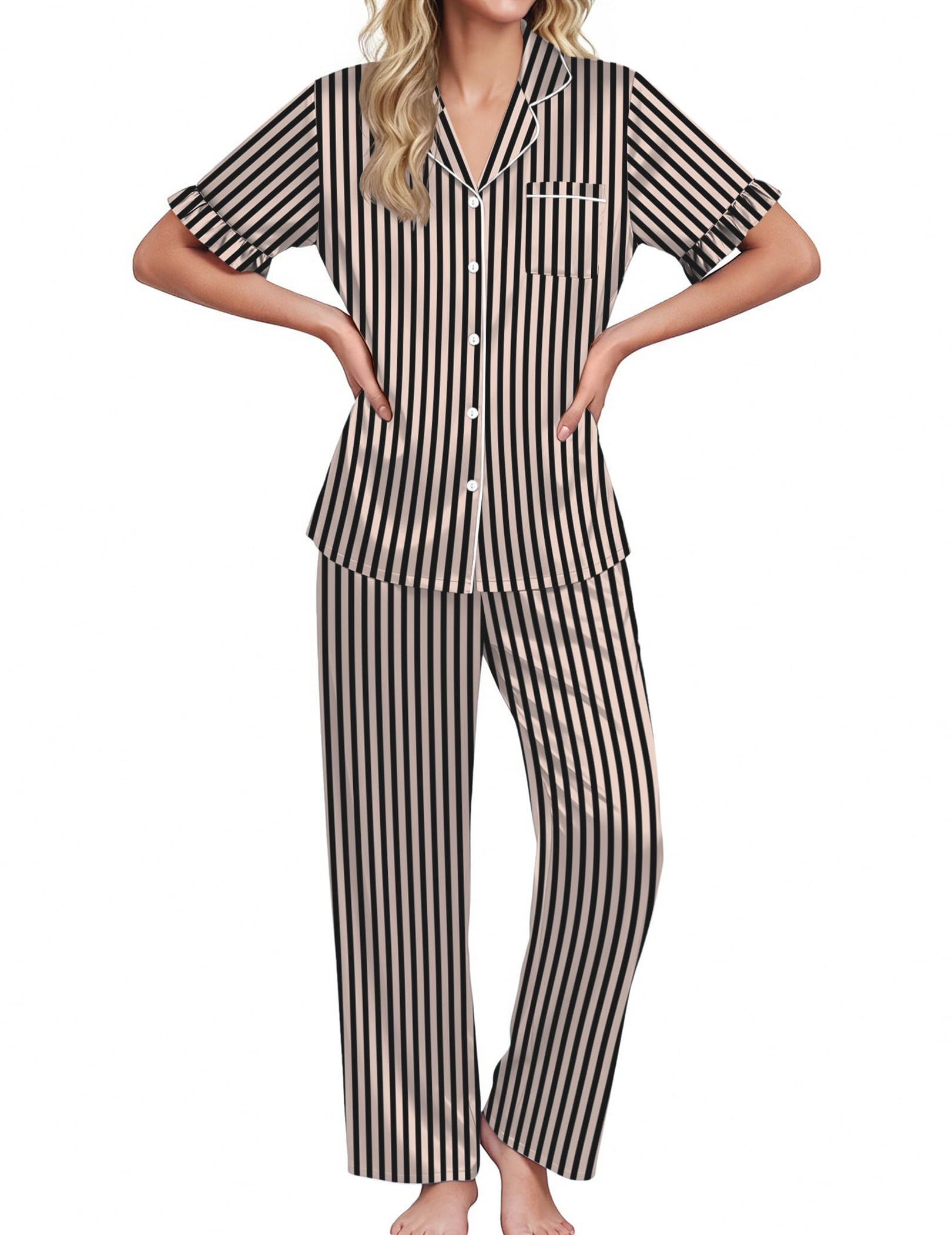 Ekouaer Silk Satin Pajamas for Women Set 2 Piece Short Sleeve Button Up Pjs