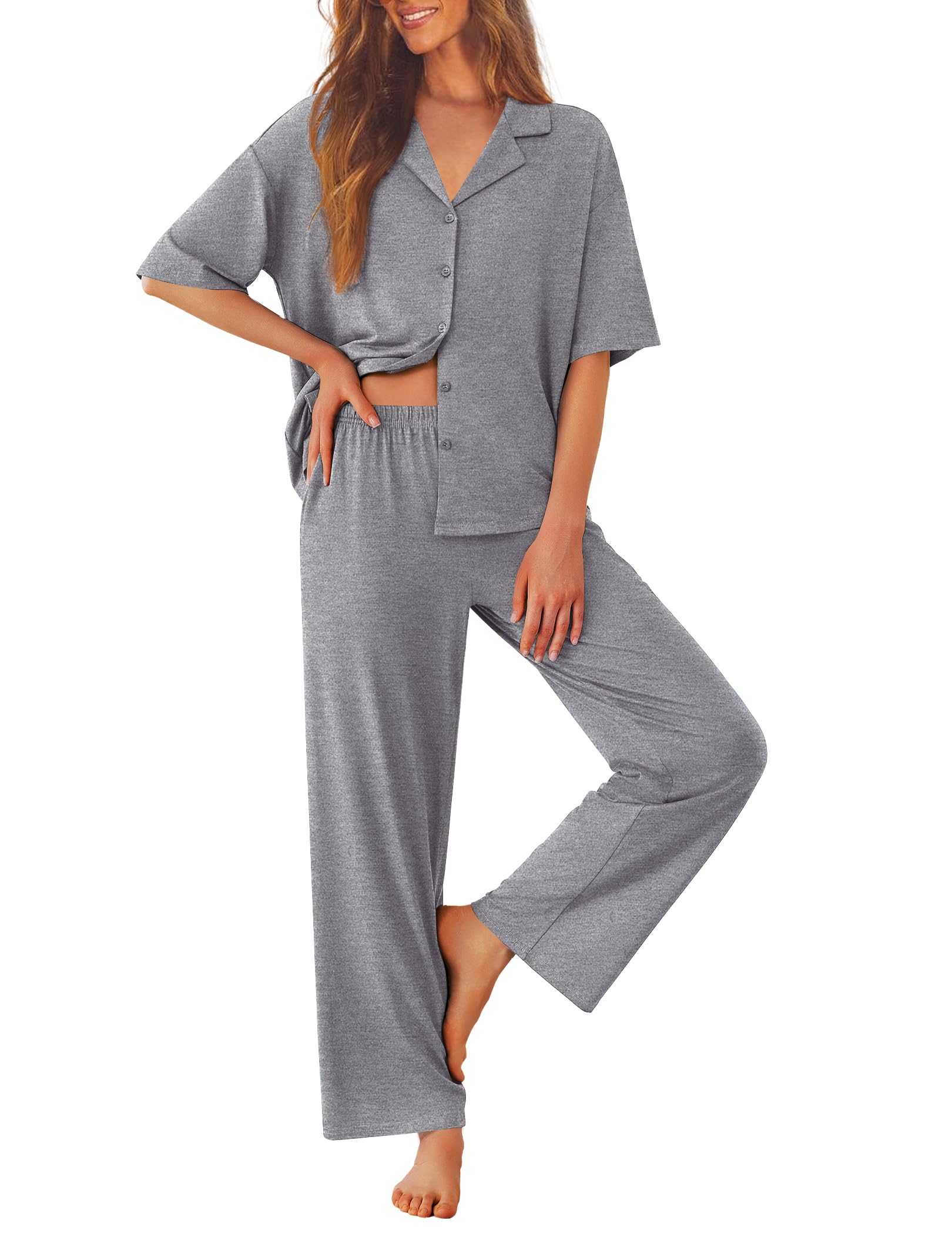 Ekouaer Women Pajamas Set Button Down Sleepwear Short Sleeve Pjs Long Pants