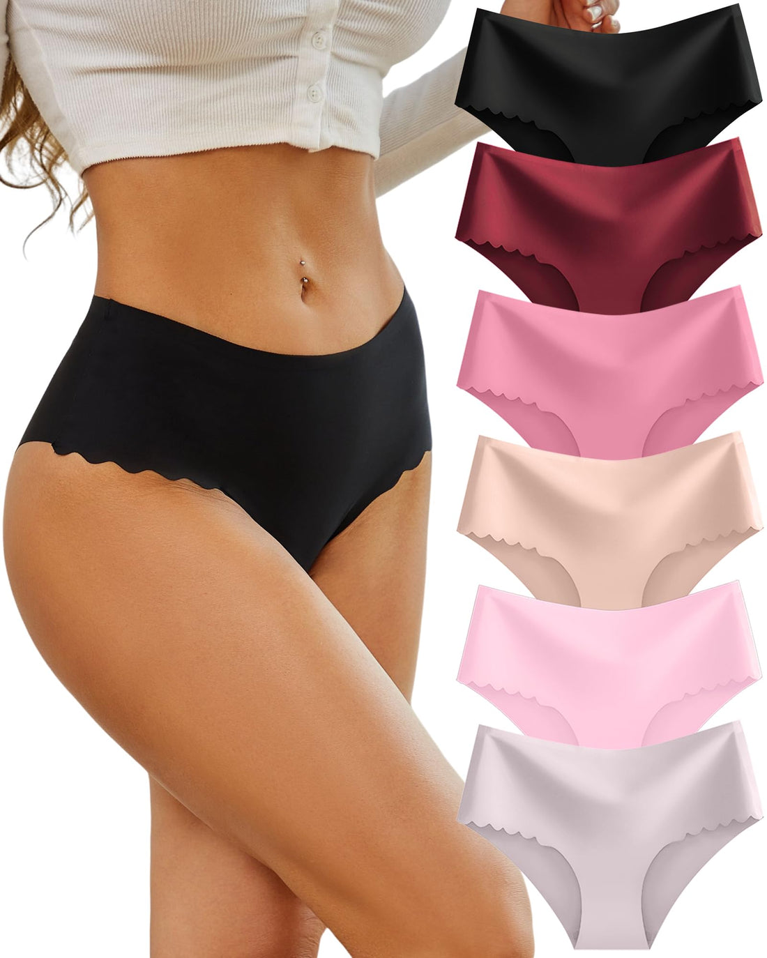 Sth Big High Waisted Seamless Underwear for Women No Show Panties Cheeky Scalloped Edge Bikini Breathable Briefs 6 Pack