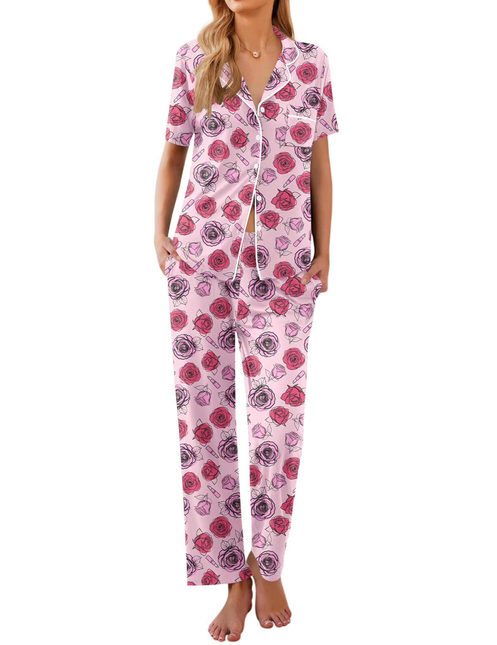 Ekouaer Womens Pajamas Set Short Sleeve Button Down Top & Pants Lounge Pjs