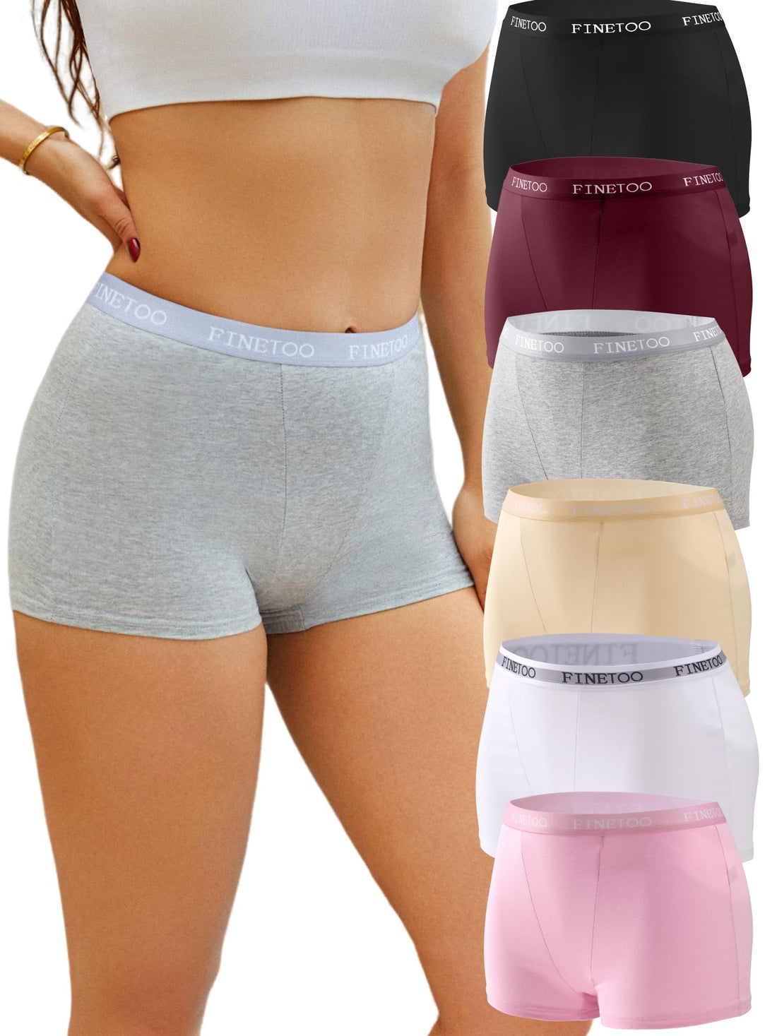 FINETOO Womens Cotton Boy Shorts Underwear Full Coverage Soft Boxer Briefs High Waisted Panties for Lady Girls 6 Pack