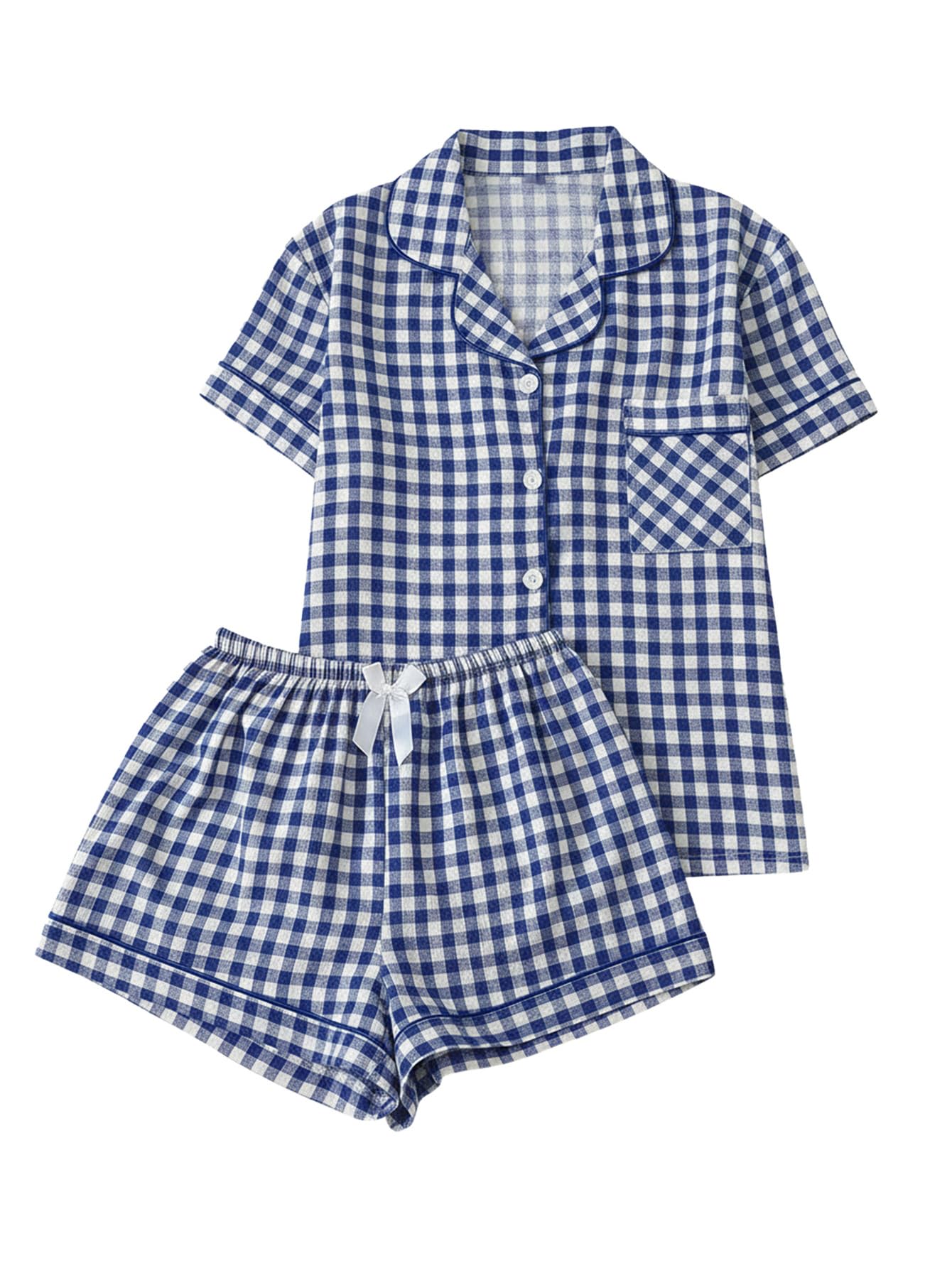 Verdusa Pajamas Sets 2 Piece Gingham Cute Button Down Shirts with Shorts