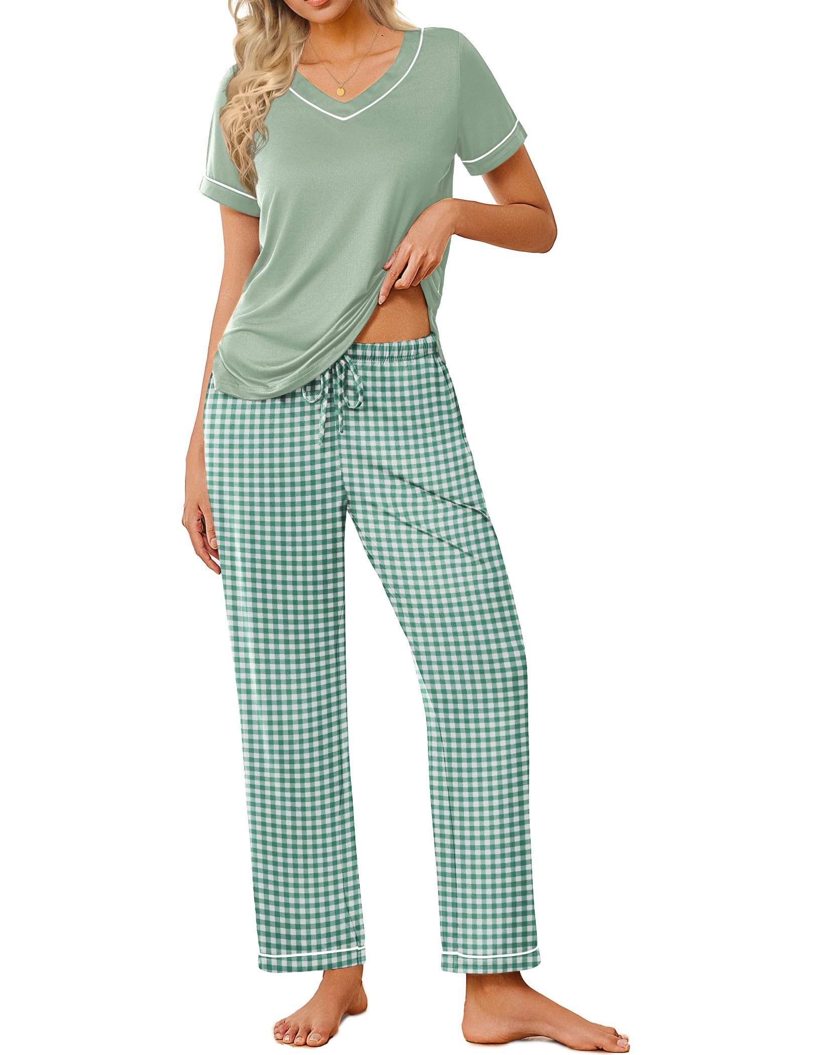 Ekouaer Pajamas for Women Set 2 Piece Lounge Set Soft Pajama Sets Short Sleeve and Pants Pj Sets Loose Sleepwear with Pockets