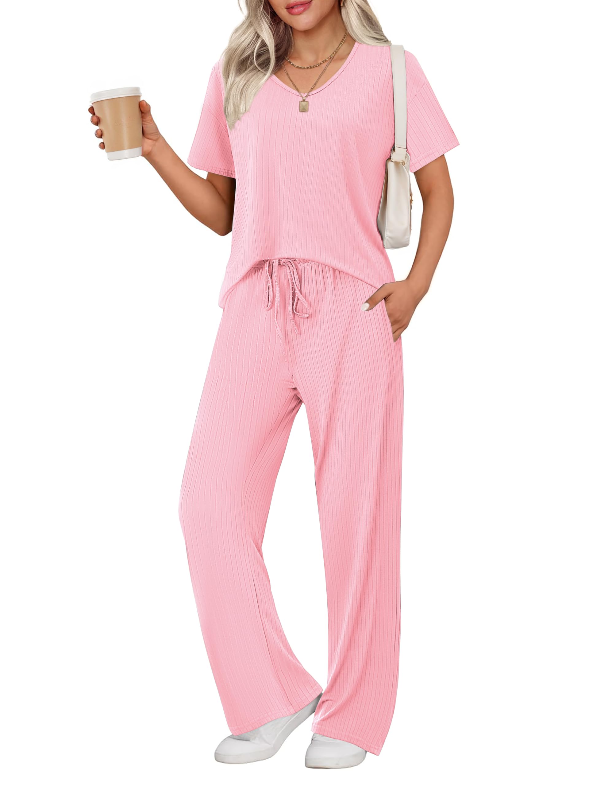 Ekouaer Womens Ribbed Knit Lounge Set Short Sleeve Top and Long Pants Sleepwear Pajama Set Two Piece Matching Outfits Set
