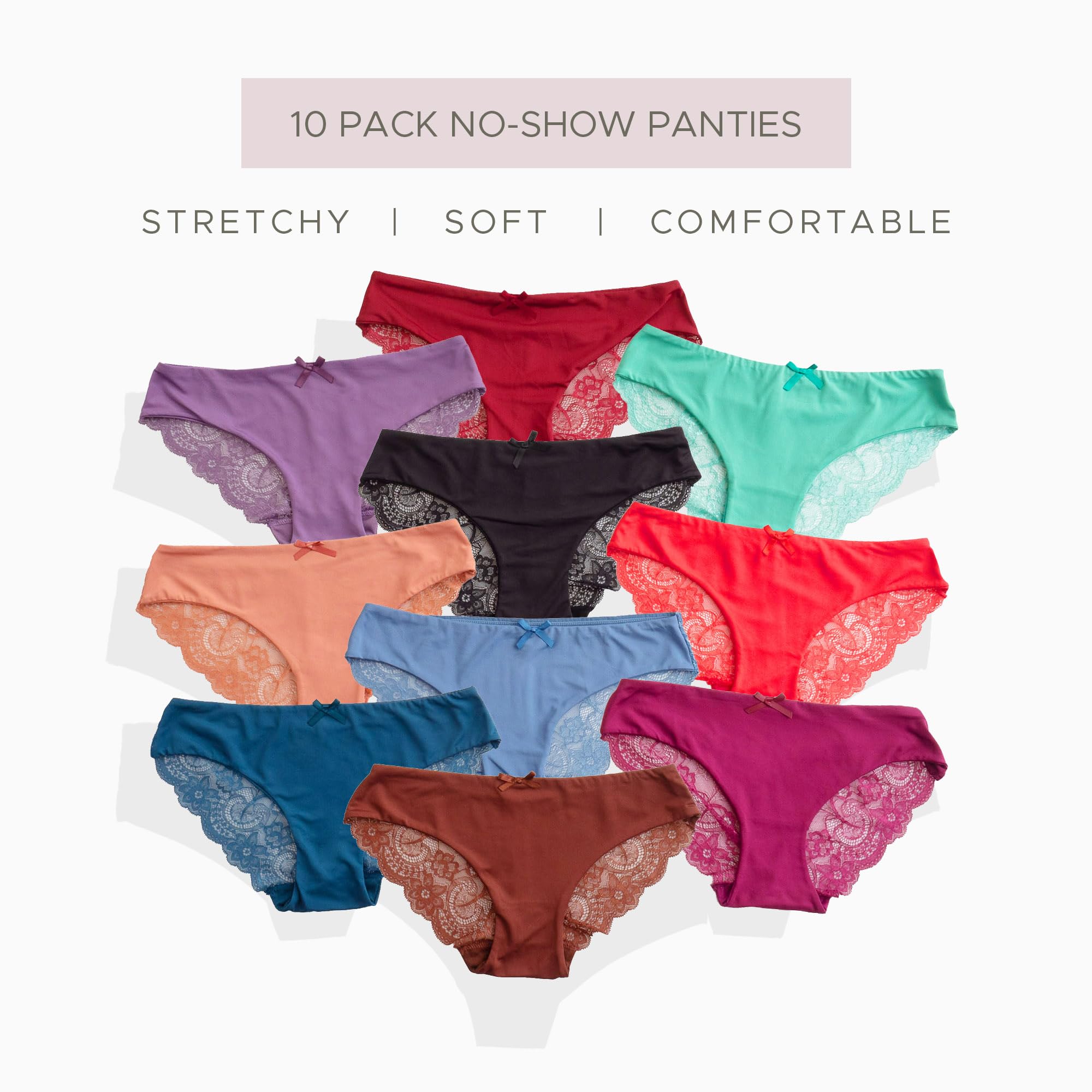 Pretty Sweet Intimates Women’s Seamless Cheeky Bikini Underwear, Pack of 10- Laser Cut, No Show Cheeky Panties with Lace