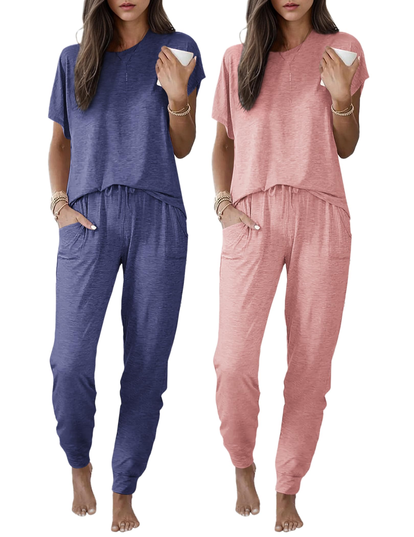 Ekouaer 2 Pack Womens Pajama Short Sleeve Jogger Pants Pjs Lounge Set