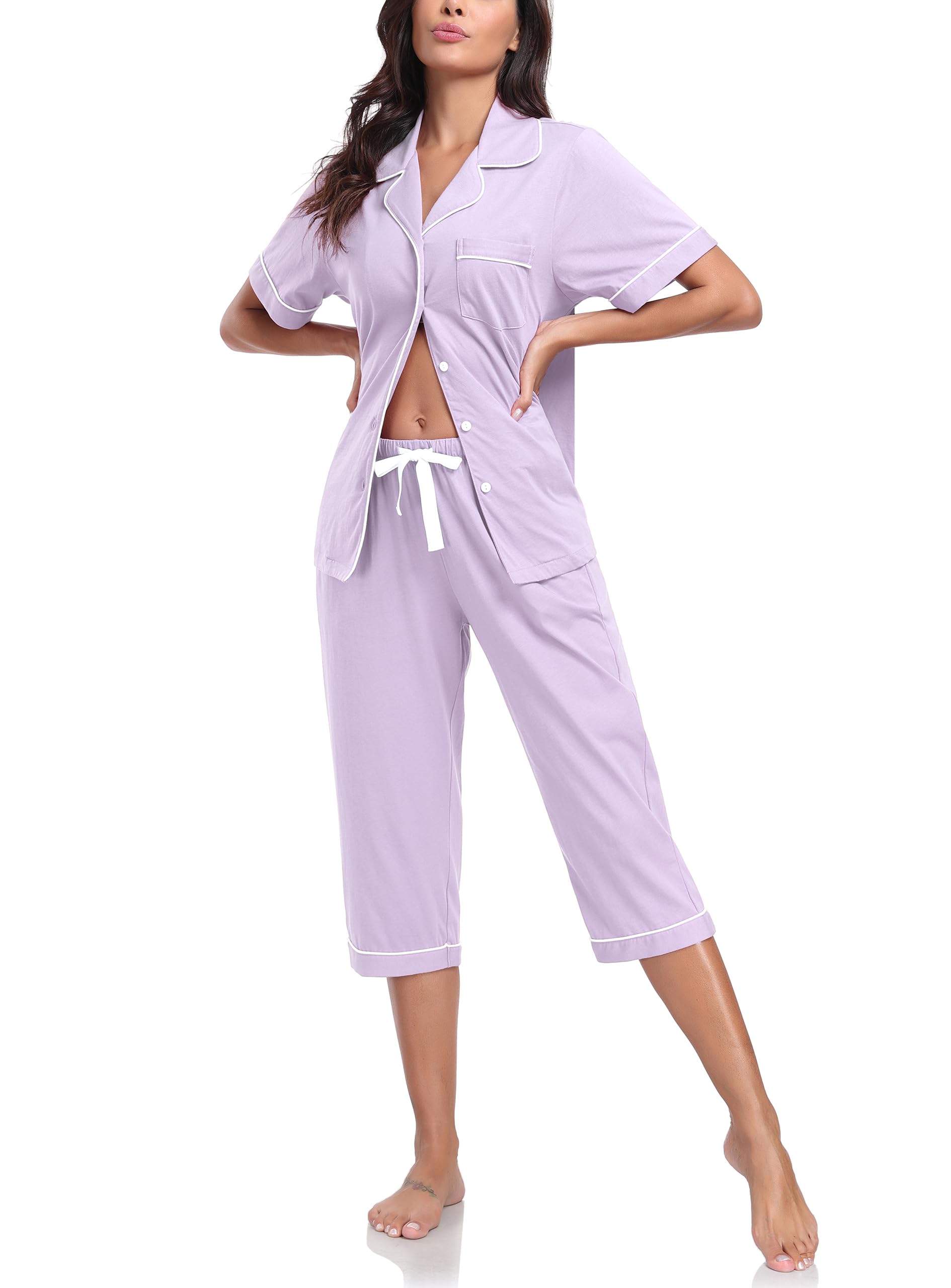 COLORFULLEAF 100% Cotton Women's Pajama Sets Short Sleeve Capri Pajamas for Women Set Button Down Pjs Soft Sleepwear Summer