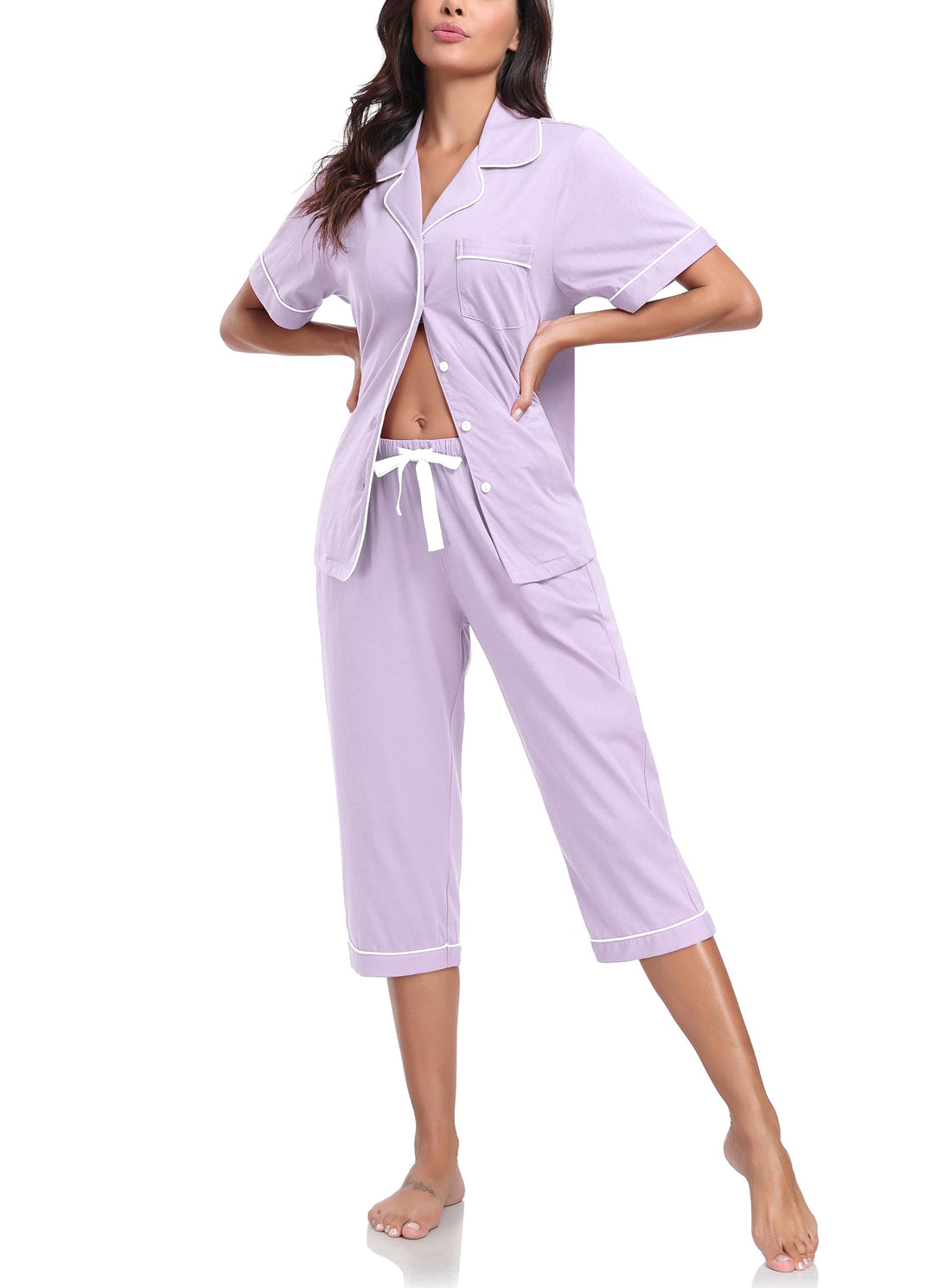 COLORFULLEAF 100% Cotton Women's Pajama Sets Short Sleeve Capri Pajamas for Women Set Button Down Pjs Soft Sleepwear Summer