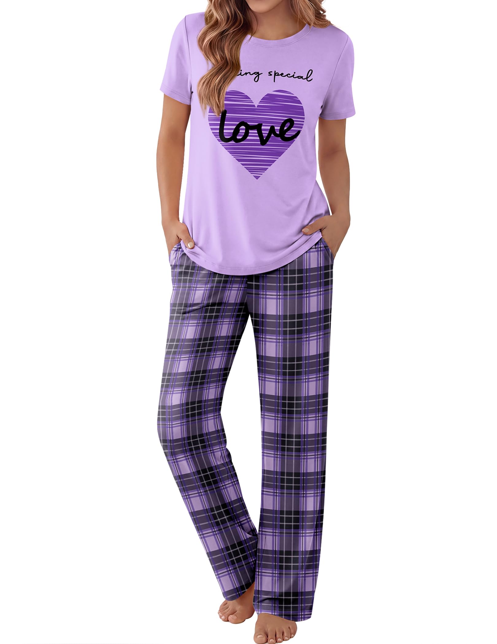 Ekouaer Pajama Set for Women 2 Piece Pjs Short Sleeve Top and Printed Pants
