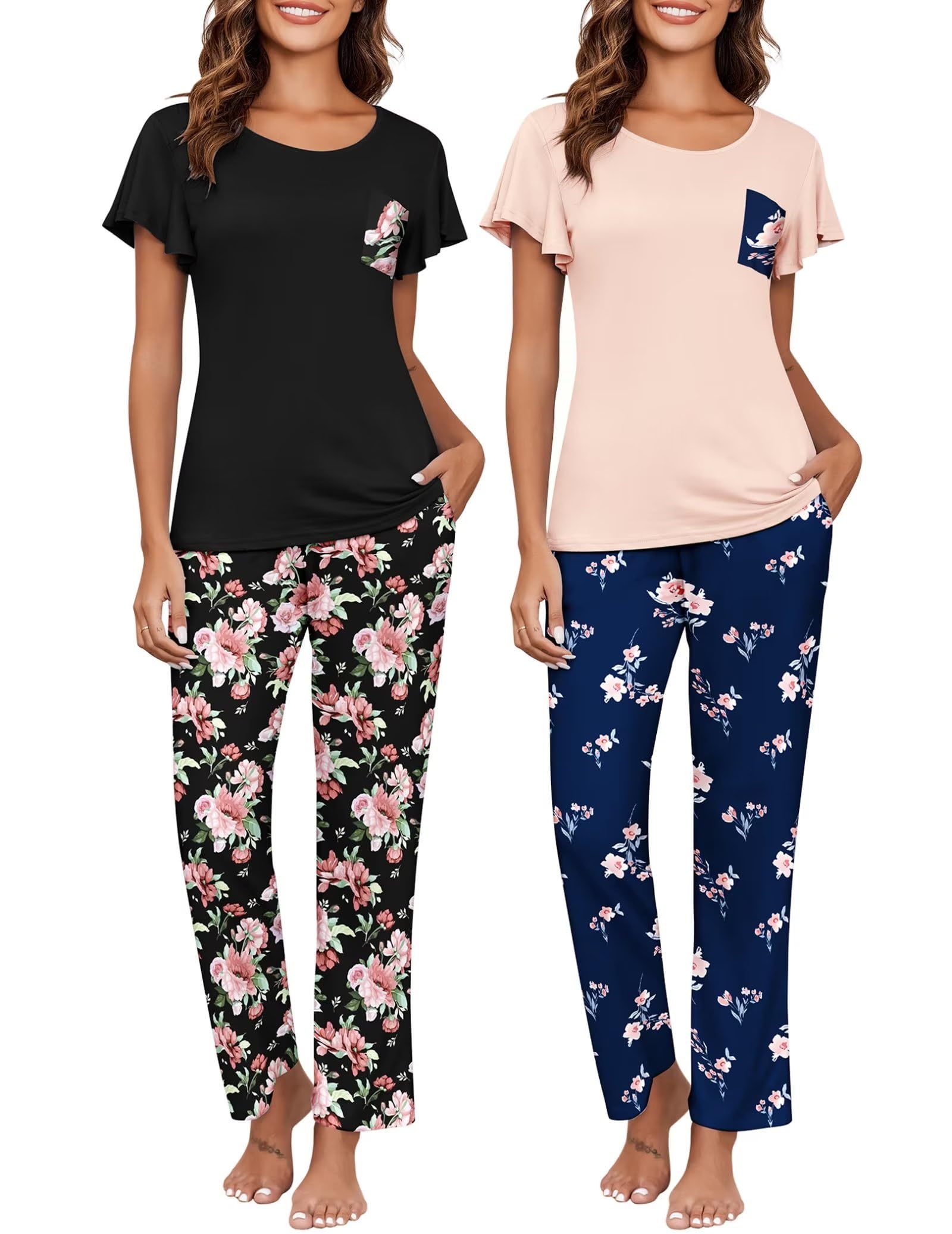 Ekouaer Pajamas for Women Set 2 Piece Comfy Loungewear, Lightweight Pjs Sleepwear, Short Sleeve Top & Long Pants with Pockets