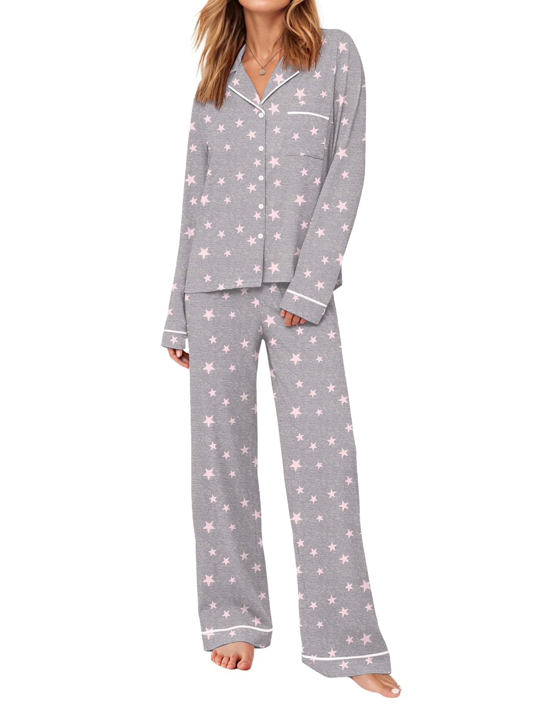 Ekouaer Womens Pajama Sets Long Sleeve Button Down Lounge Sets with Pockets