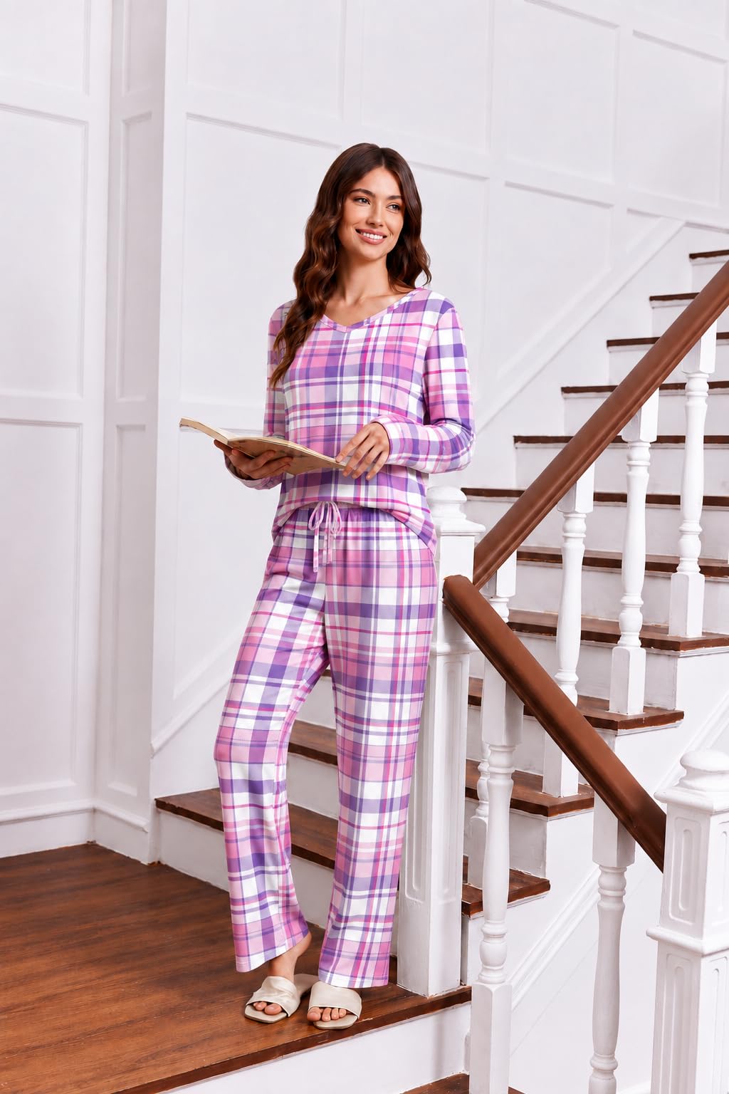 2 Pack: Women's Long Sleeve Pajama Sets - V Neck Top and Pants Lounge sets