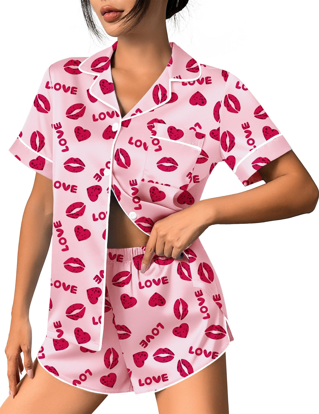 Ekouaer Womens Silk Satin Pajama Set Print Short Sleeve Sleepwear Button Down Pjs Shorts Set Loungewear