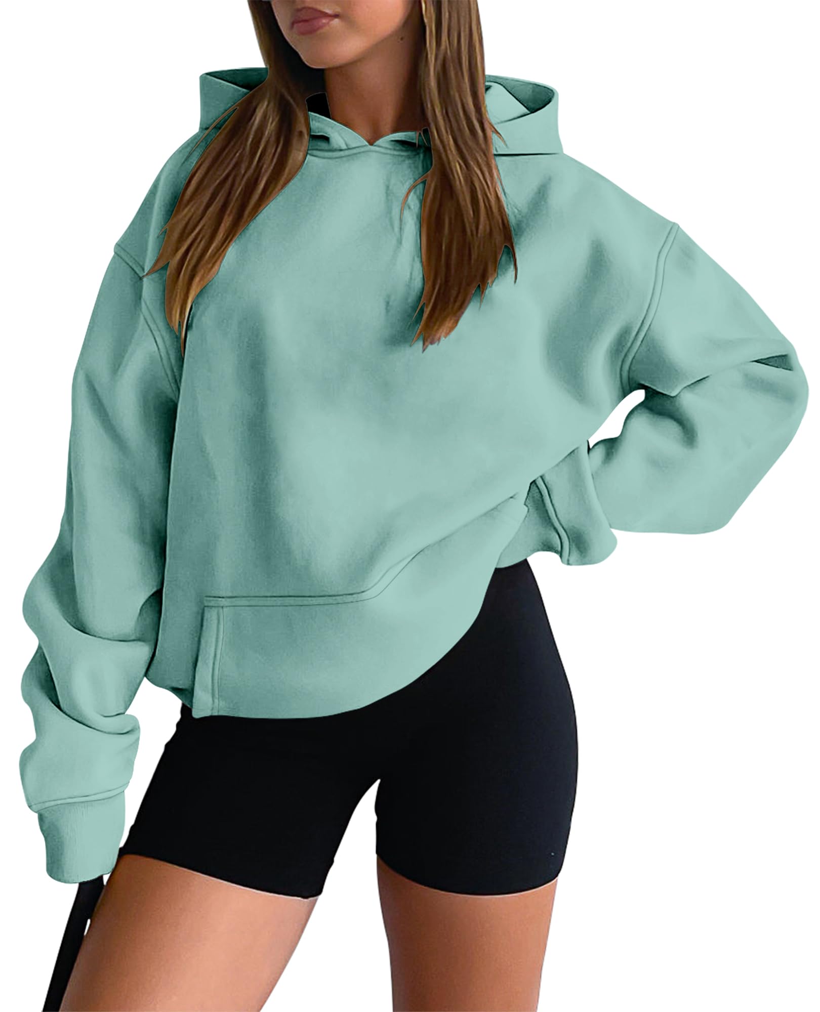 onlypuff Women Hoodies Casual Pullover Long Sleeve Sweatshirt Kangaroo Pocket Drop Shoulder Sweater