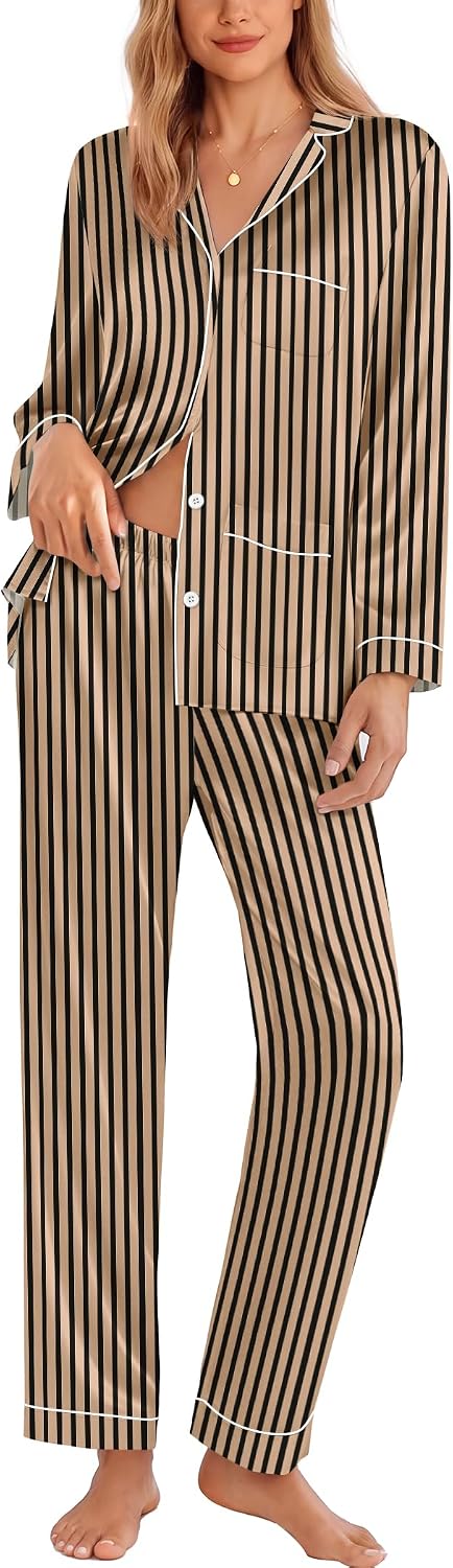Ekouaer Pajamas for Women Silk Satin Button Down Long Sleeve Pajama Sets