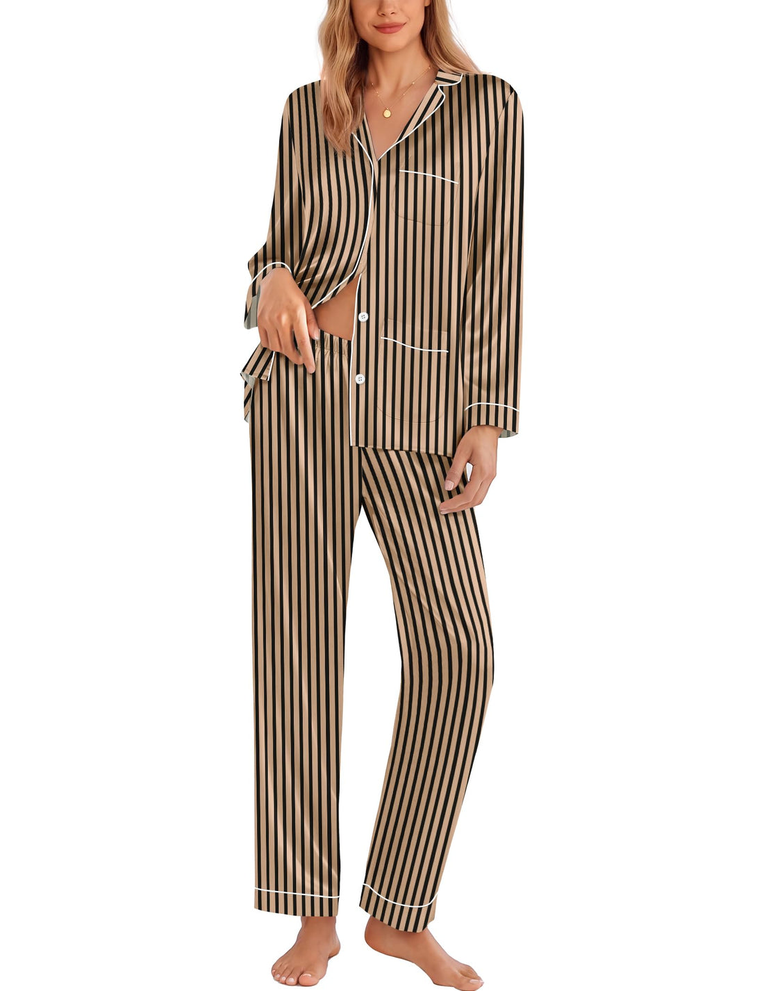 Ekouaer Pajamas for Women Silk Satin Button Down Long Sleeve Pajama Sets