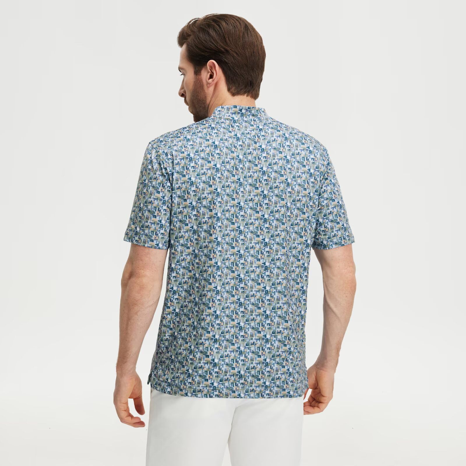 M MAELREG Golf Shirts for Men Collarless Performance Dry Fit Stretch Henley Casual Printed Mens Polo Shirts Short Sleeve