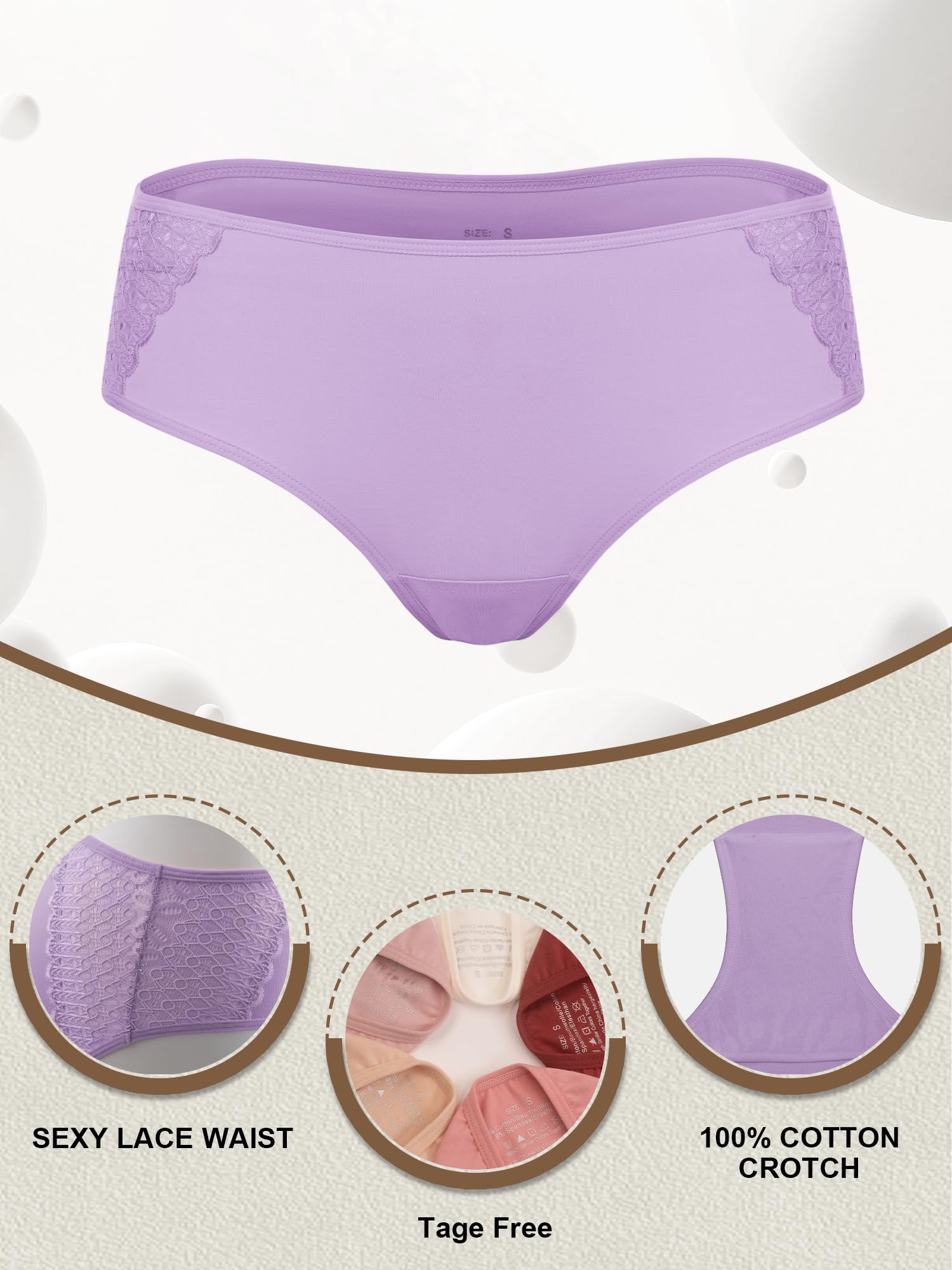 COLORFULLEAF Women's Cotton Hipster Panties Sexy Lace Underwear Pack Soft Moisture Wicking Bikini Briefs