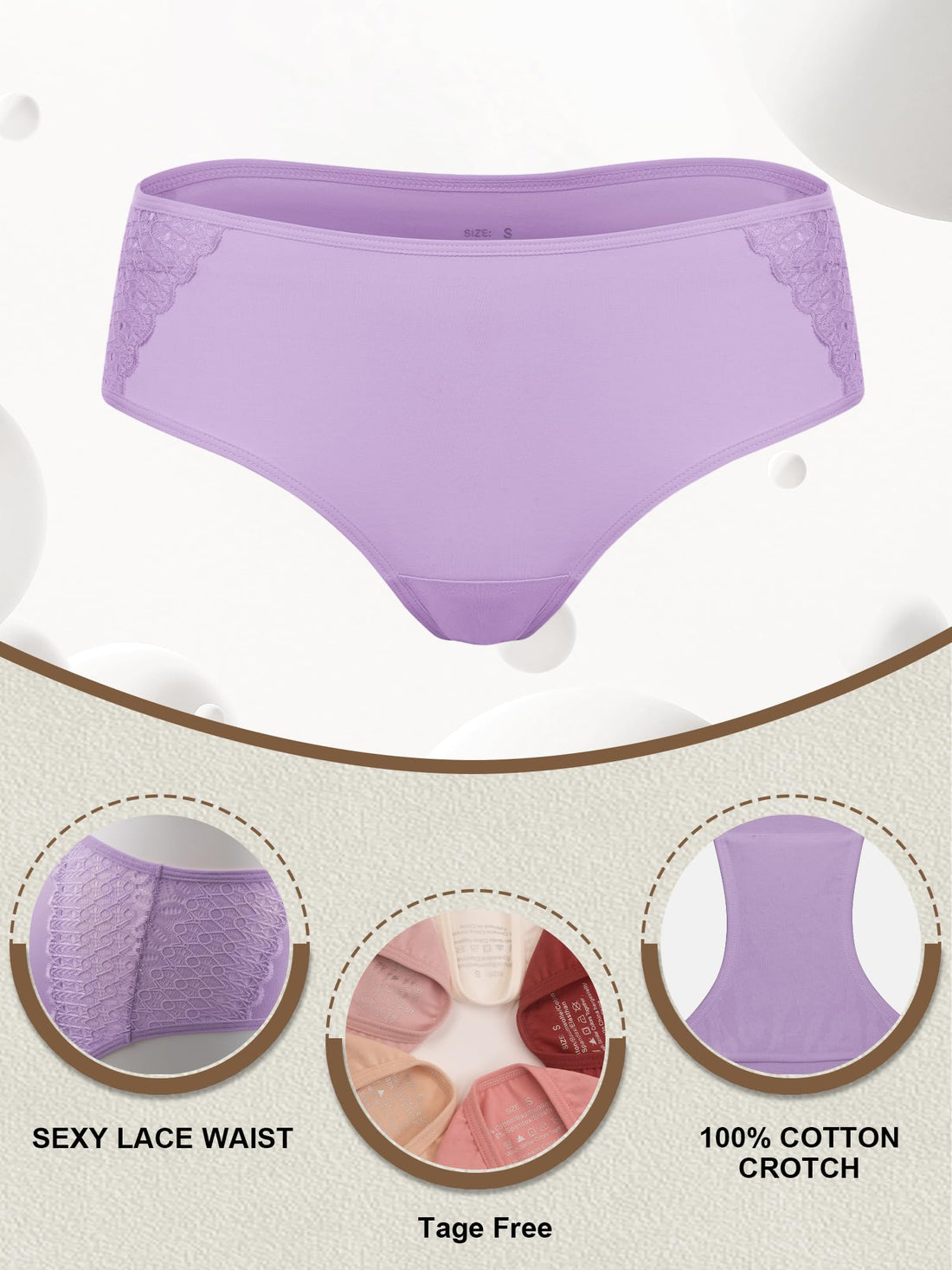 COLORFULLEAF Women's Cotton Hipster Panties Sexy Lace Underwear Pack Soft Moisture Wicking Bikini Briefs