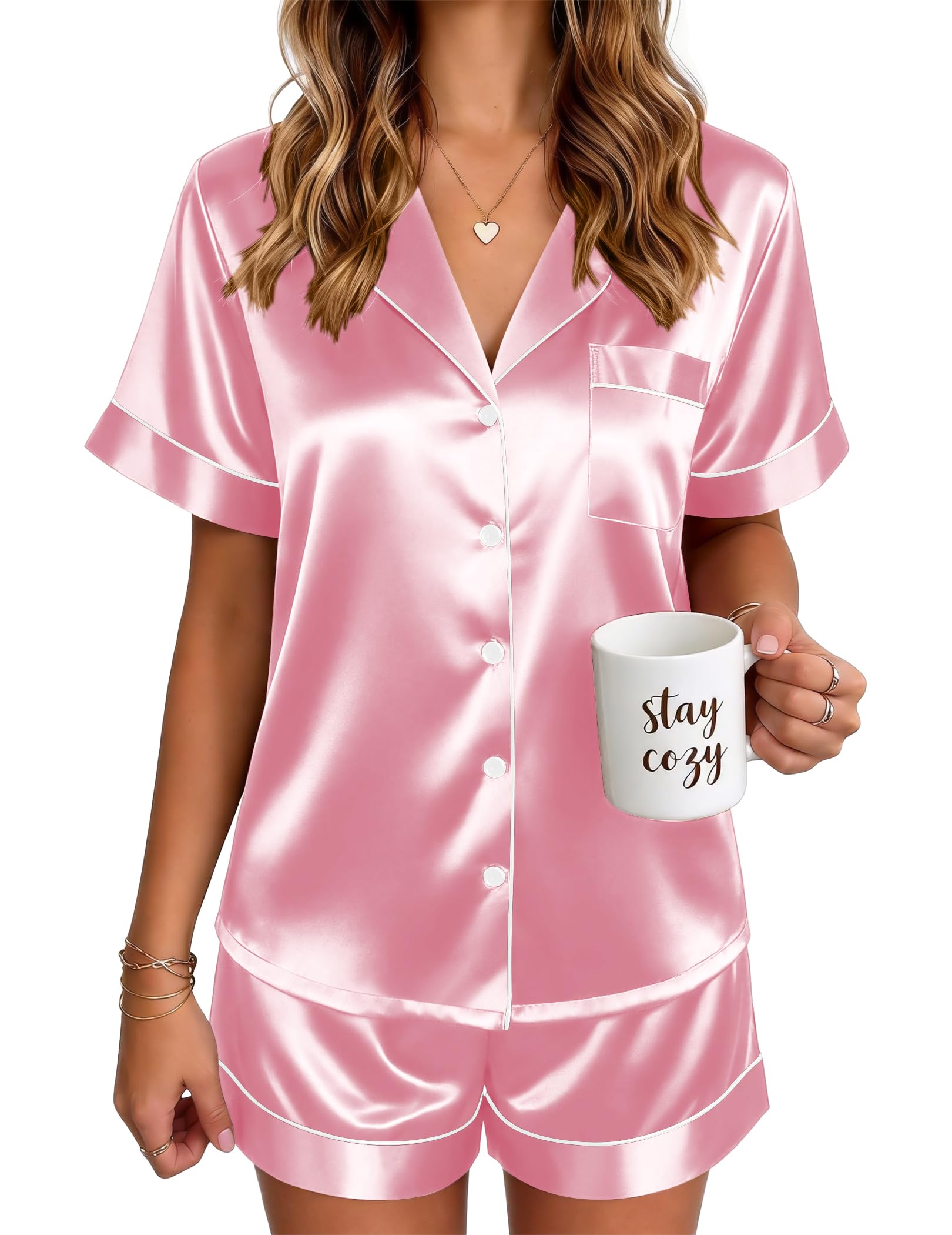 Ekouaer Satin Pajamas for Women Silk Pjs Short Set 2 Piece Lounge Sets