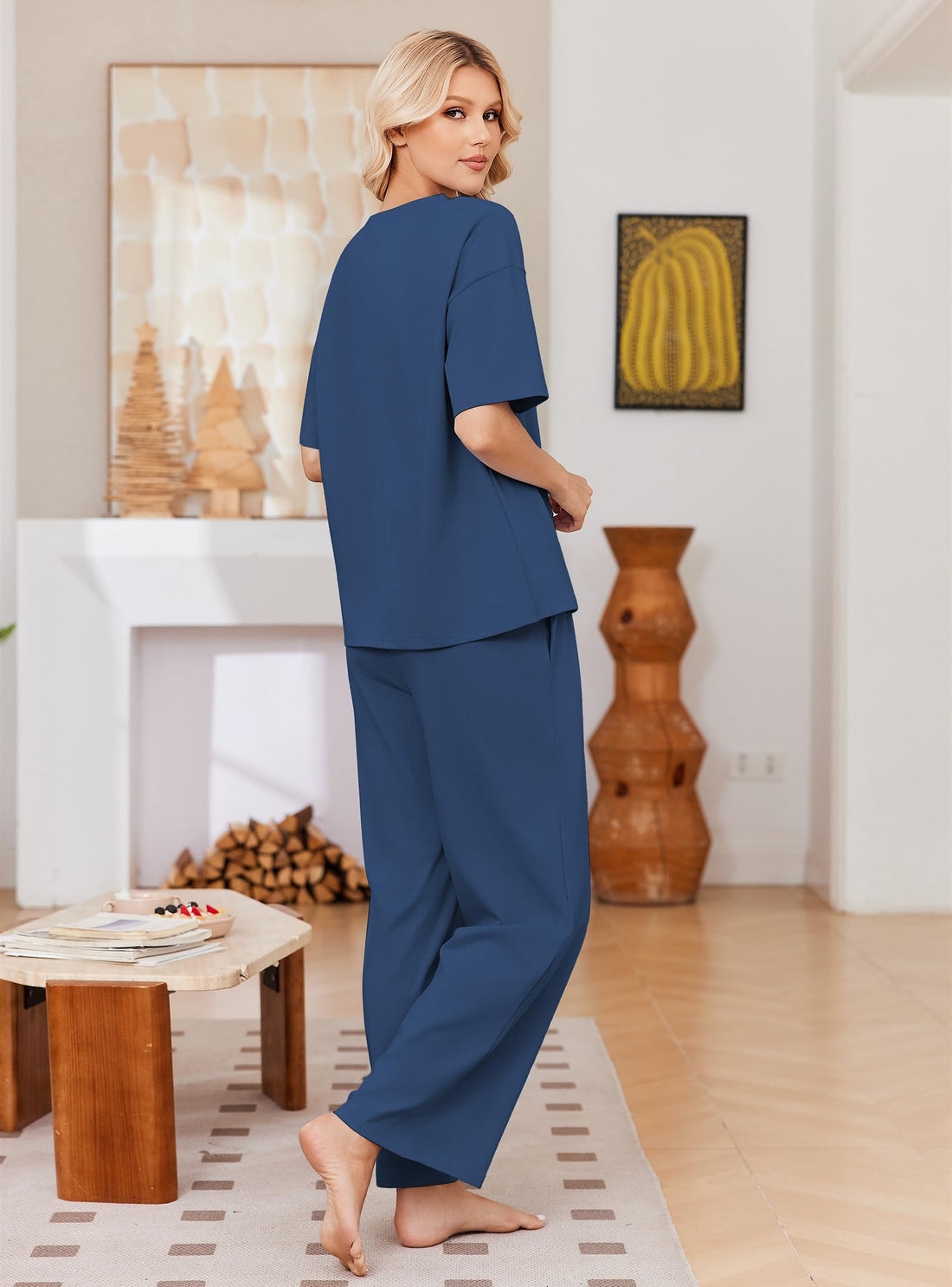 Ekouaer Womens Pajama Sets Cotton Short Sleeve Long Pants Lounge Set
