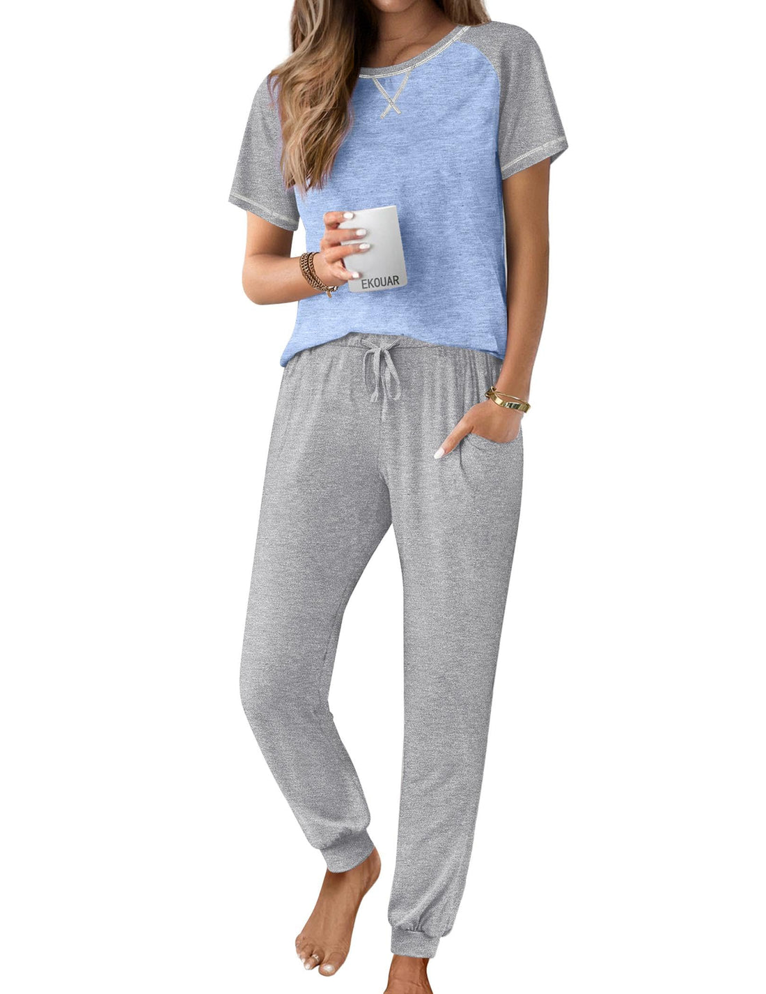 Ekouaer Pajamas for Women Set Short Sleeve PJ Set 2 Piece Jogger Pants