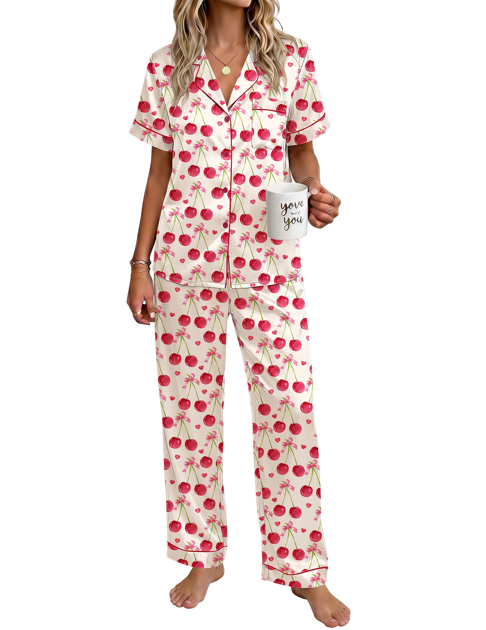 Ekouaer Womens Satin Pajama Set Silky Short Sleeve Button Down Pj Set