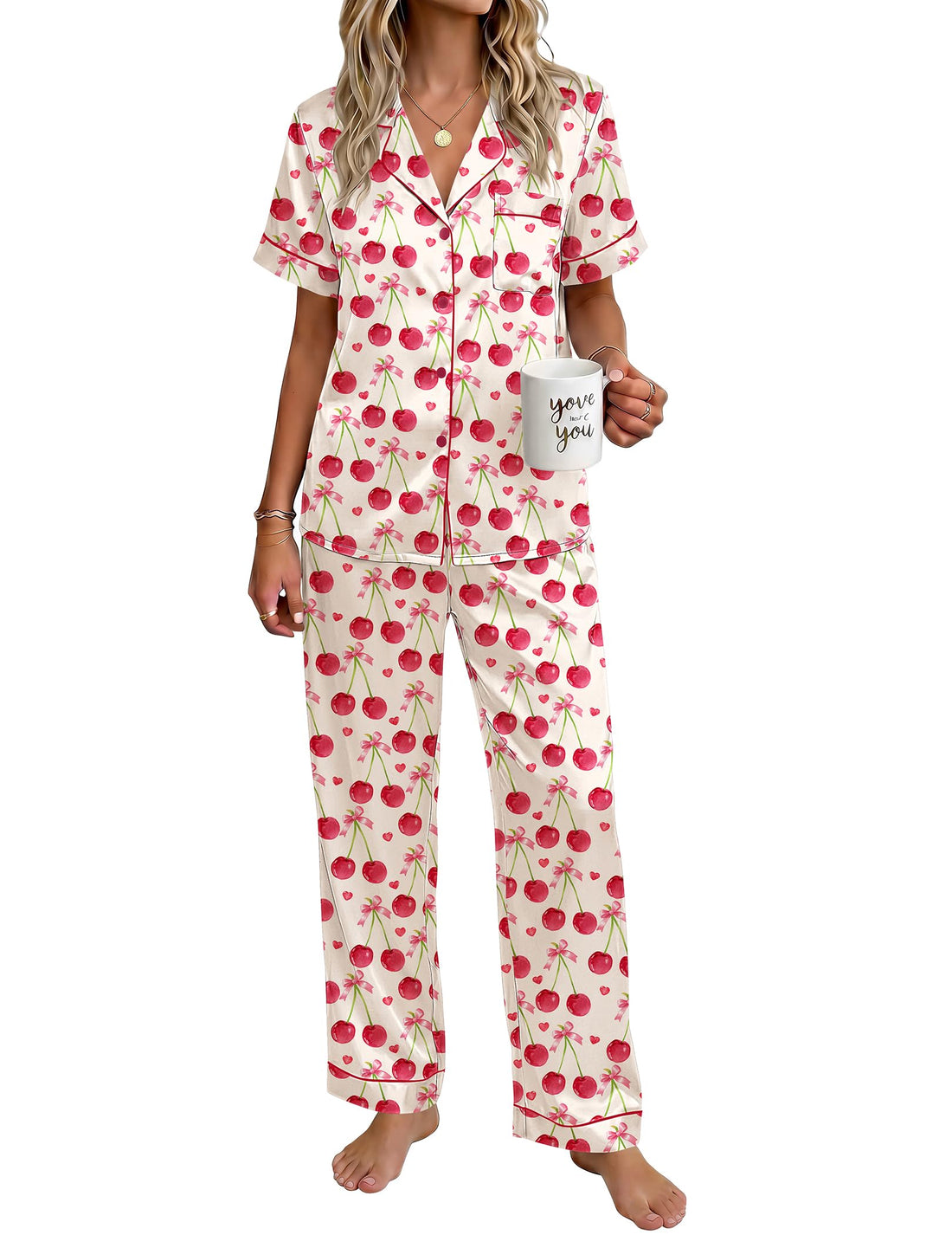 Ekouaer Womens Satin Pajama Set Silky Short Sleeve Button Down Pj Set