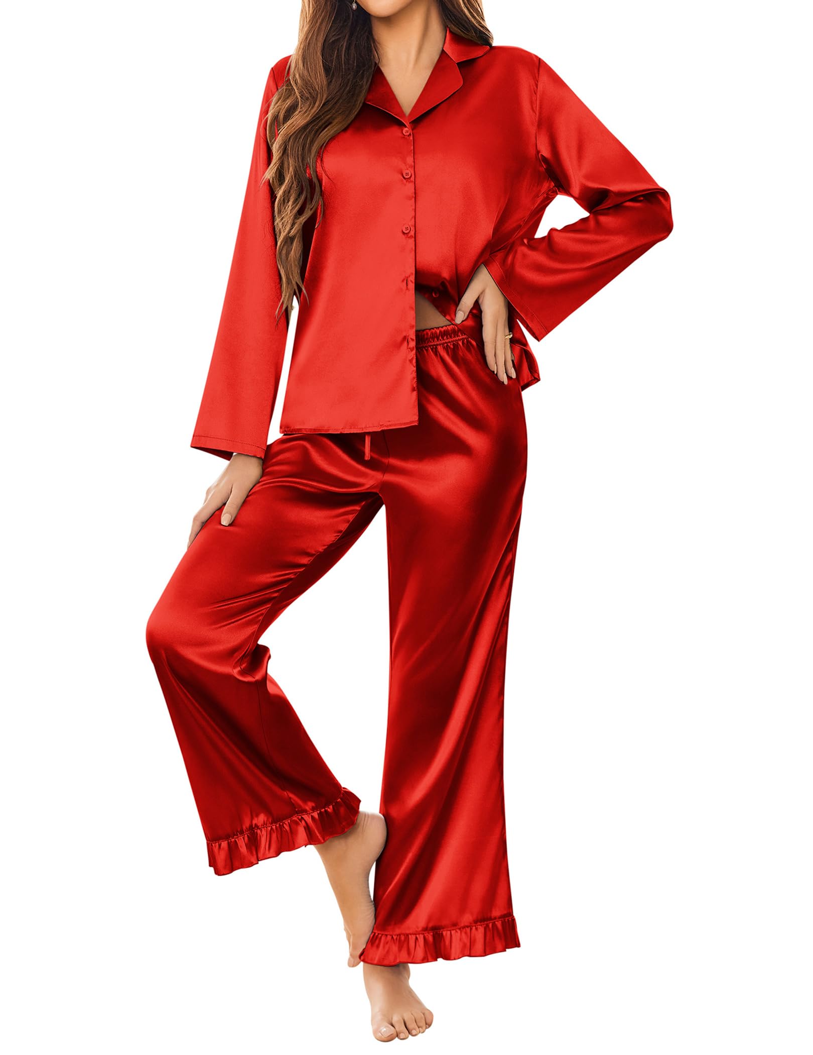 Ekouaer Satin Pajama Set for Women Long Button Down Silk Pj with Ruffle