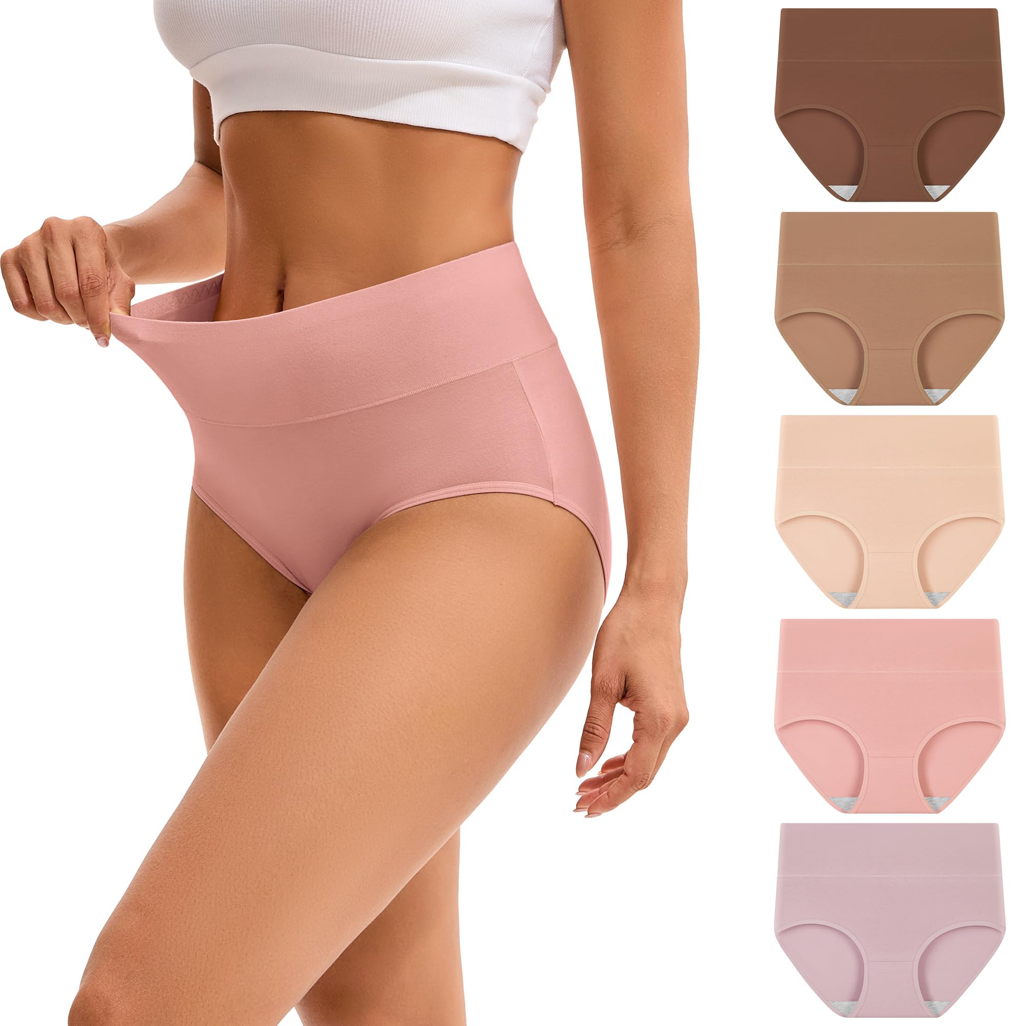 INNERSY Women's High Waisted Underwear Cotton Panties Regular & Plus Size 5-Pack