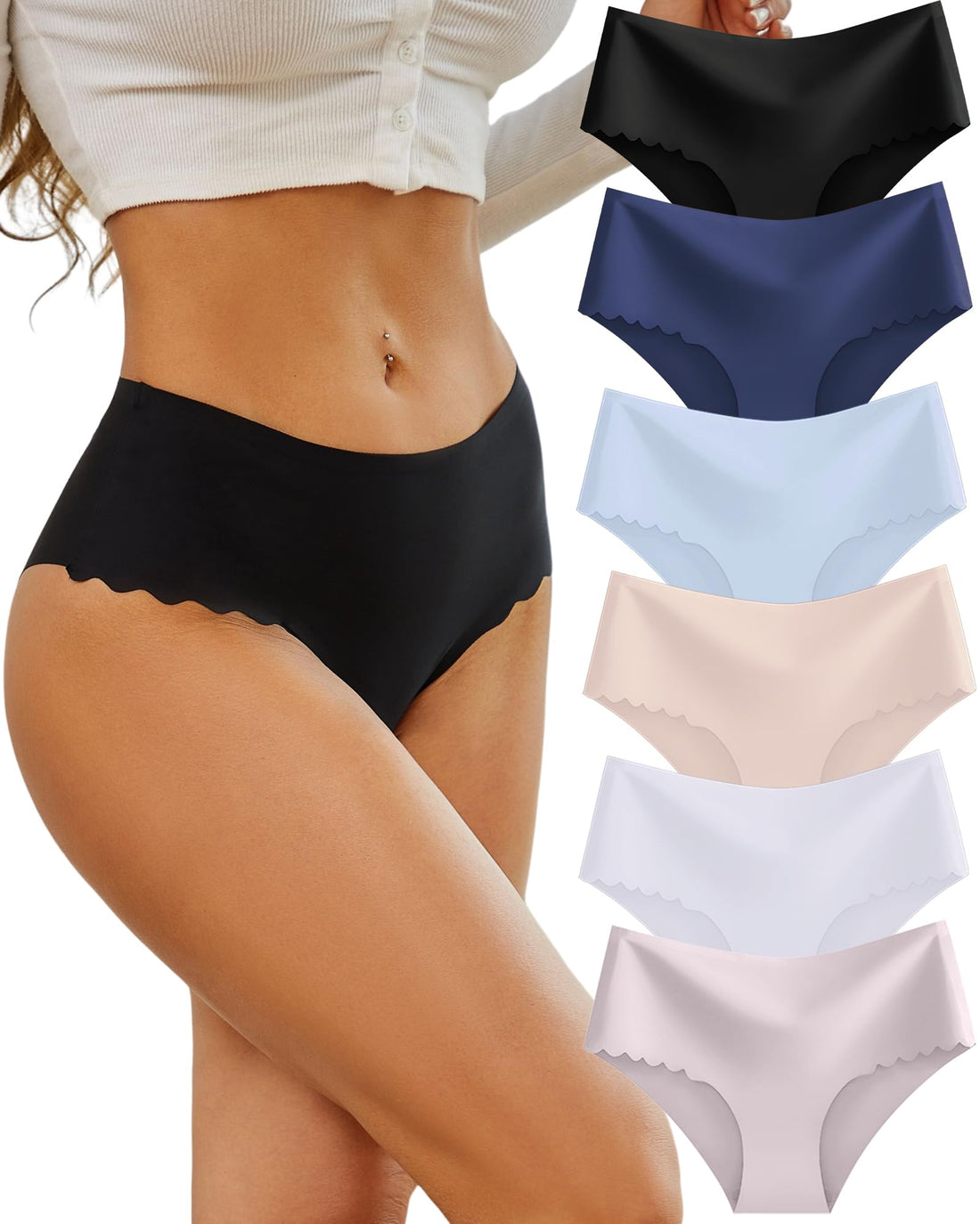 Sth Big High Waisted Seamless Underwear for Women No Show Panties Cheeky Scalloped Edge Bikini Breathable Briefs 6 Pack