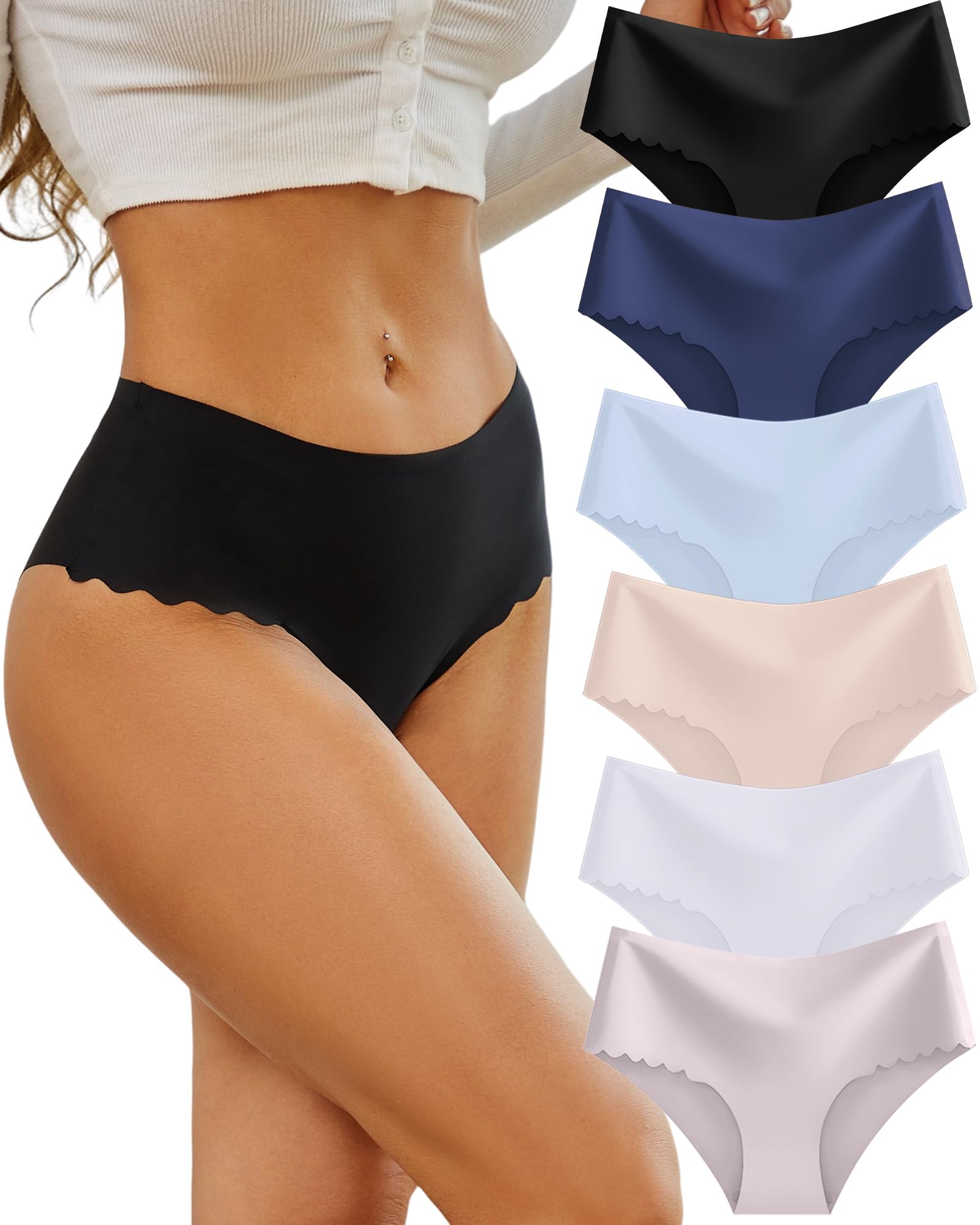 Sth Big High Waisted Seamless Underwear for Women No Show Panties Cheeky Scalloped Edge Bikini Breathable Briefs 6 Pack
