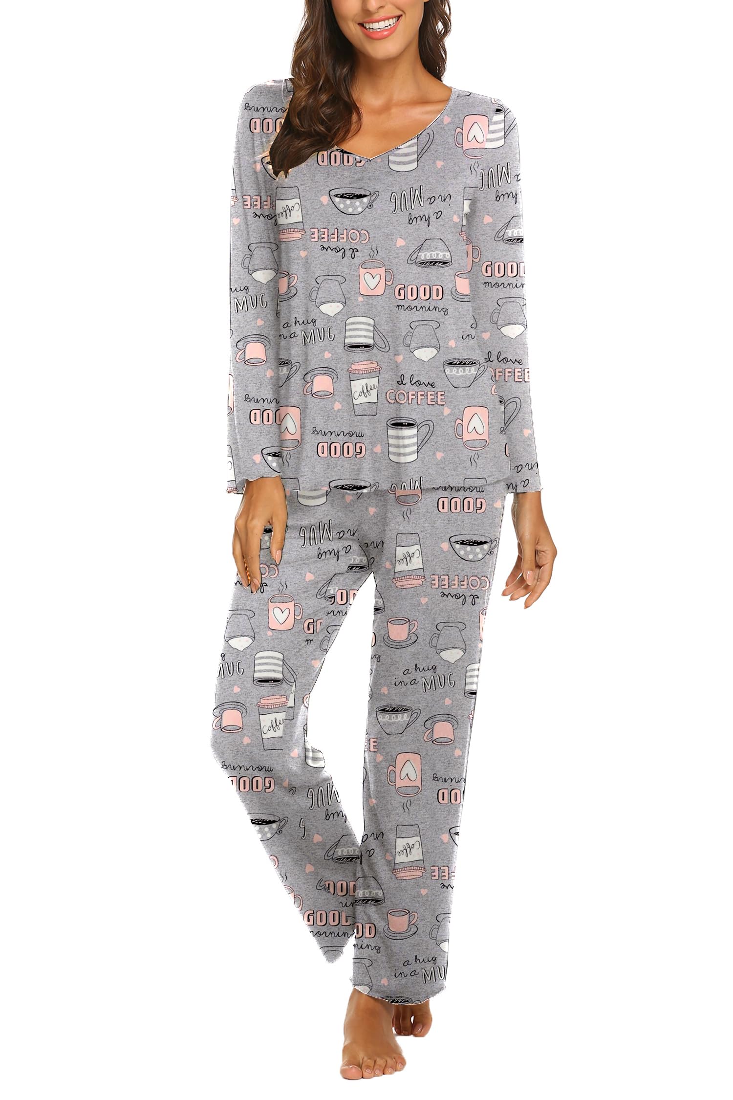 Ekouaer Pajamas for Women Set Long Sleeve Pleated Top and Pants Loungewear