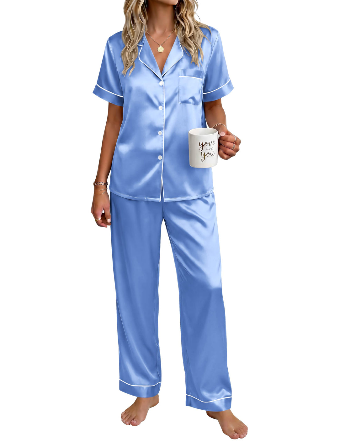 Ekouaer Womens Satin Pajama Set Silky Short Sleeve Button Down Pj Set