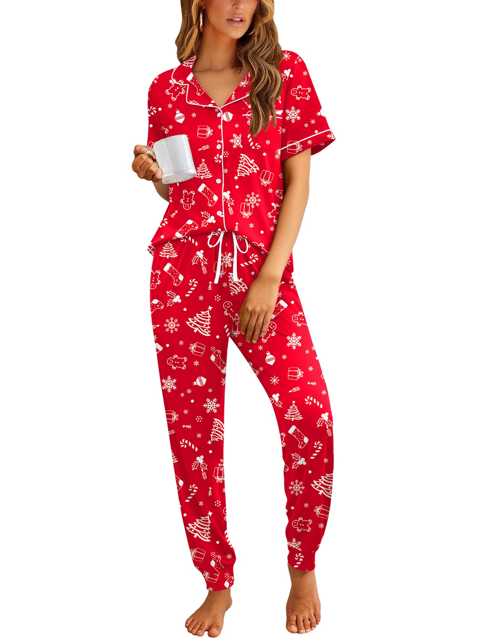 Ekouaer Women Pajama Set Short Sleeve Button Down Pjs with Jogger Pants